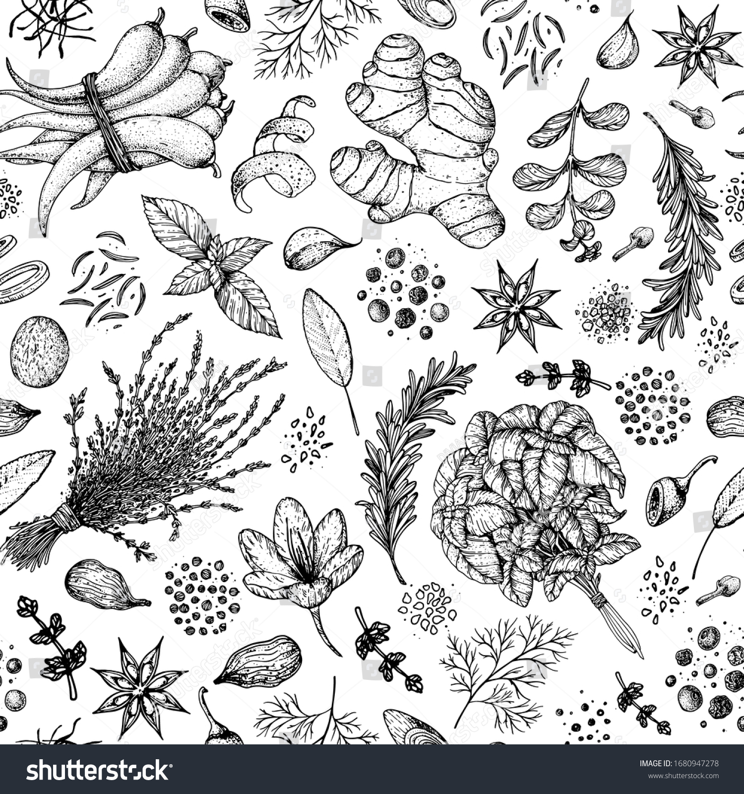 Herbs and spices seamless pattern. Hand drawn vector illustration. Sketch design. Engraved spice. Basil, garlic, cardamom, sage, rosemary, anise, pepper, marjoram, mint, thyme, ginger.  #1680947278