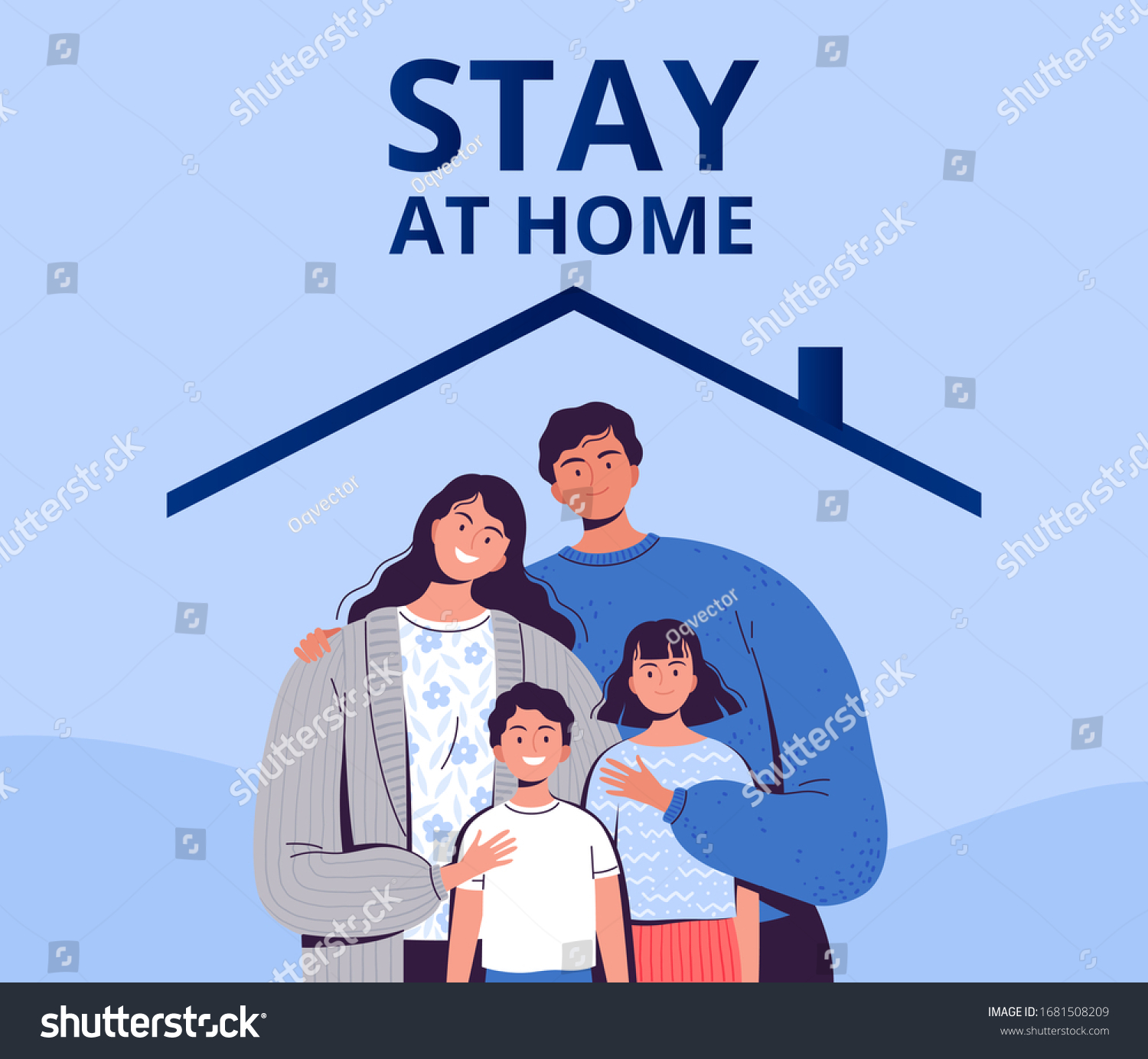 Poster urging you to stay home to protect yourself from the new COVID-2019 coronavirus. A family with children is sitting in quarantine at home. #1681508209