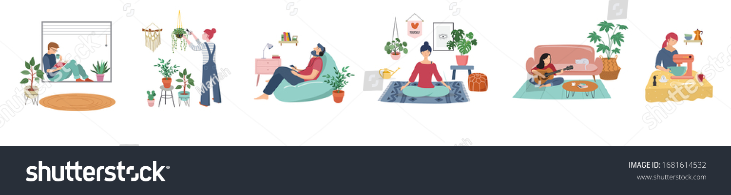 Quarantine, stay at home concept series - people sitting at their home, room or apartment, practicing yoga, enjoying meditation, relaxing on sofa, reading books, baking and listening to the music.  #1681614532