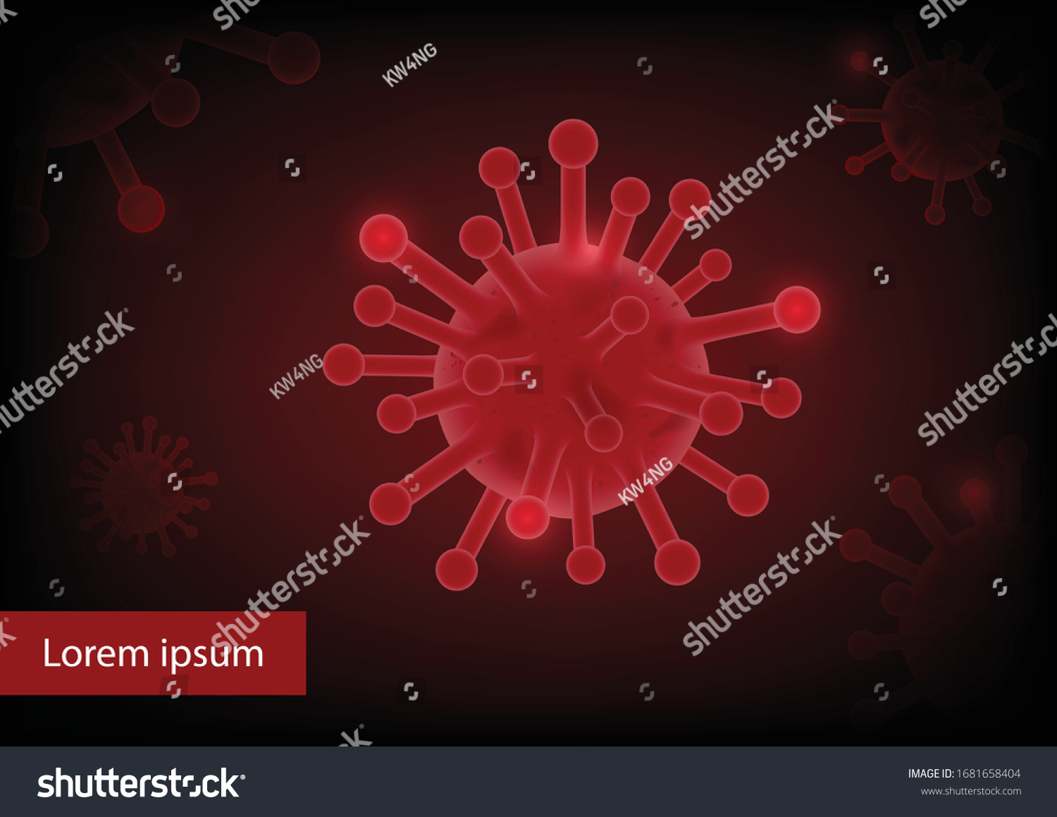 Red virus cells on dark background. Banner for pandemic infectious concept. Covid-19, Coronavirus or 2019-nCoV outbreak in Wuhan, China and world wide. Futuristic style design, vector illustration. #1681658404