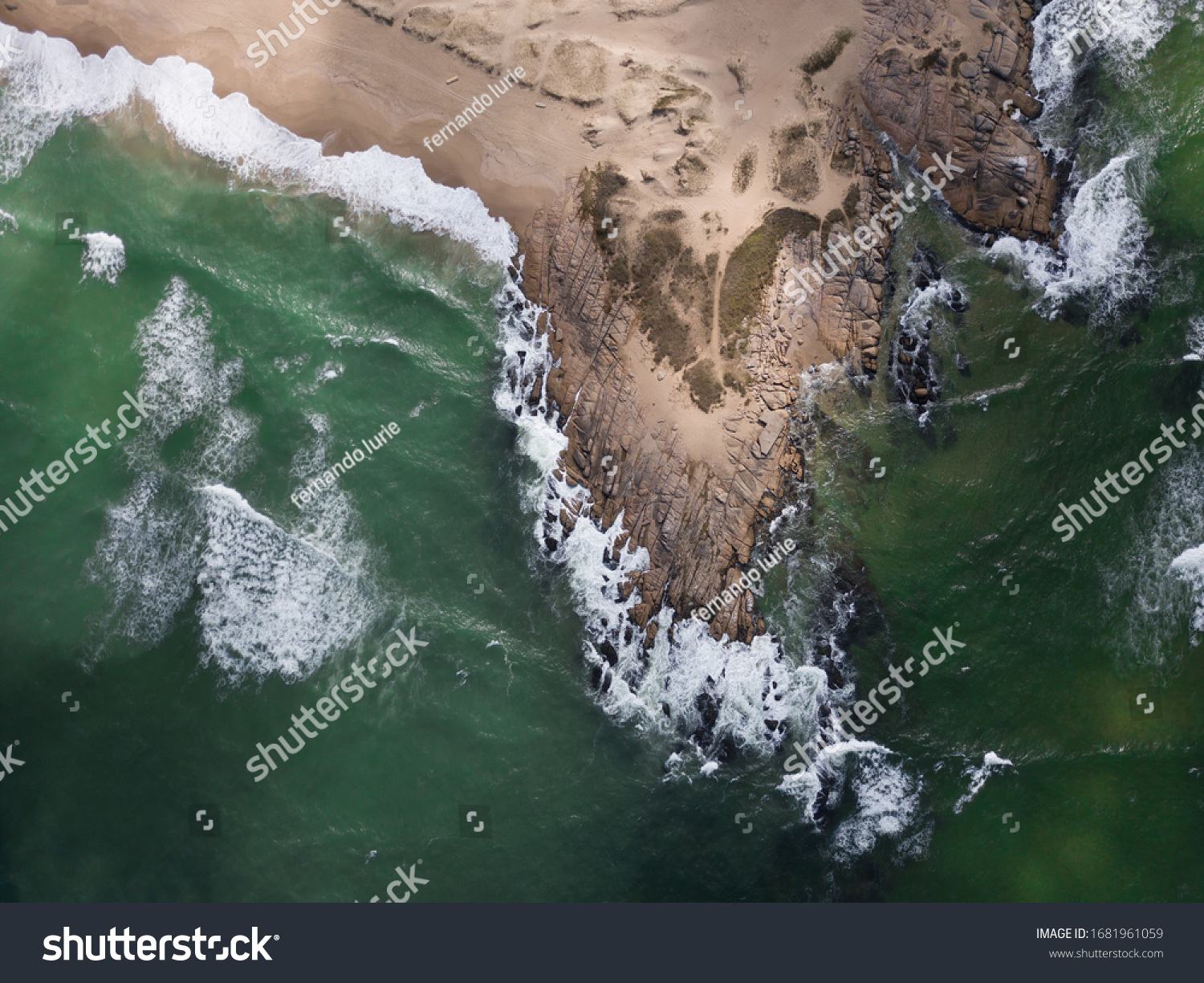 Aerial view of the beach in Punta del Diablo, wild beach. Rocha, Uruguay. #1681961059