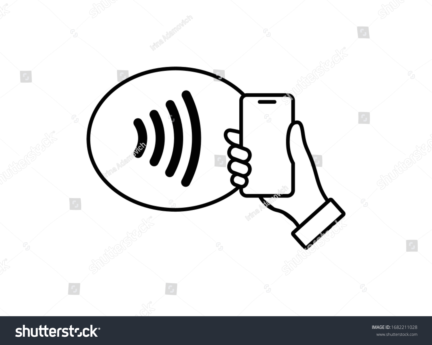 NFC technology vector icon. Hand holding Phone, Smartphone, wawe simple line outline  sign. Near Field Communication nfc payment concept. Flat design isolated on white. #1682211028