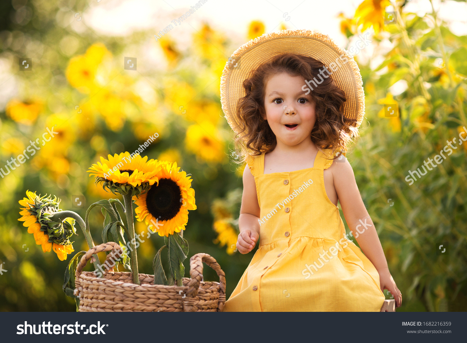 
little curly girl in a hat in a field of sunflowers #1682216359