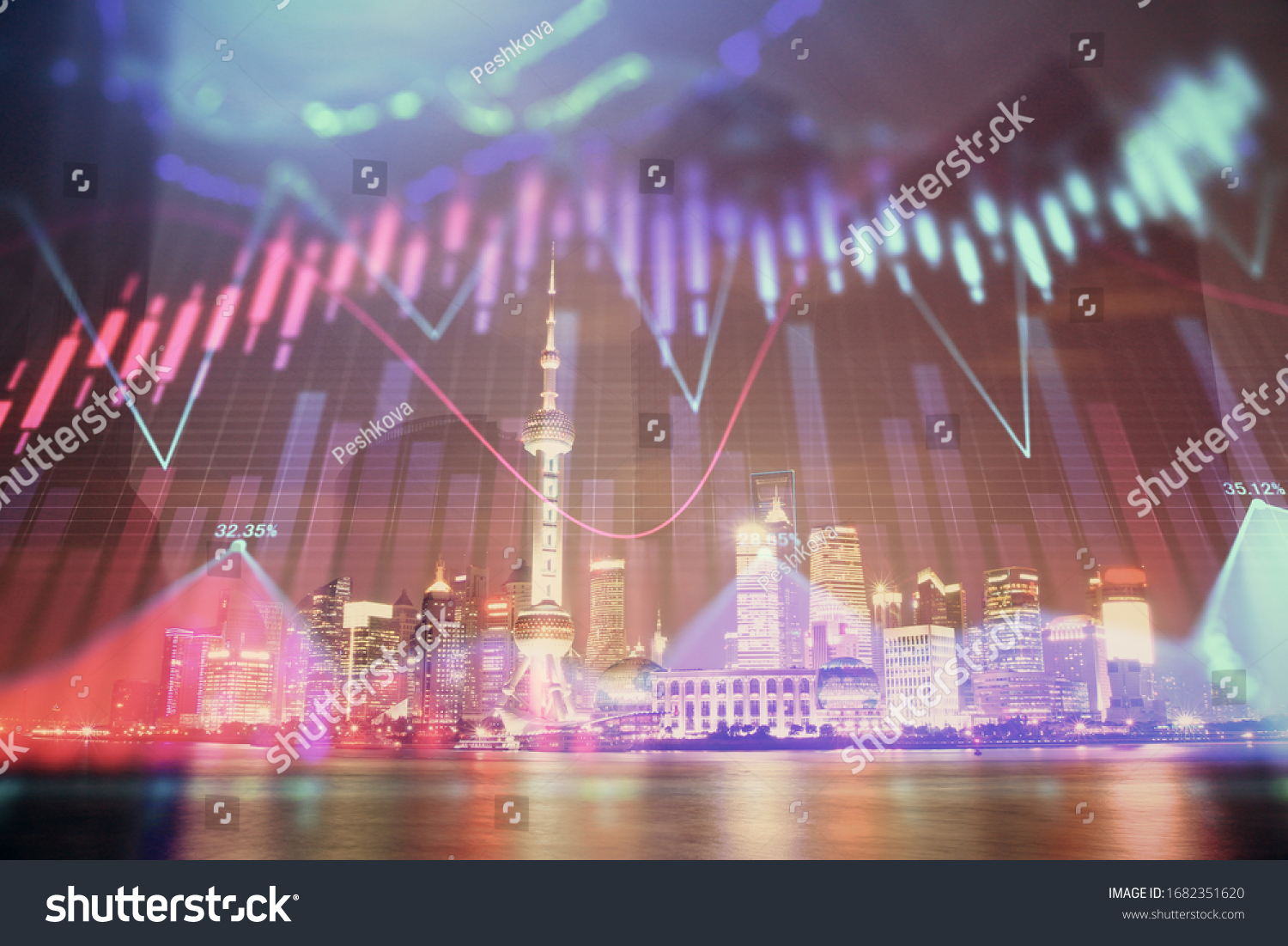 Financial graph on night city scape with tall buildings background multi exposure. Analysis concept. #1682351620