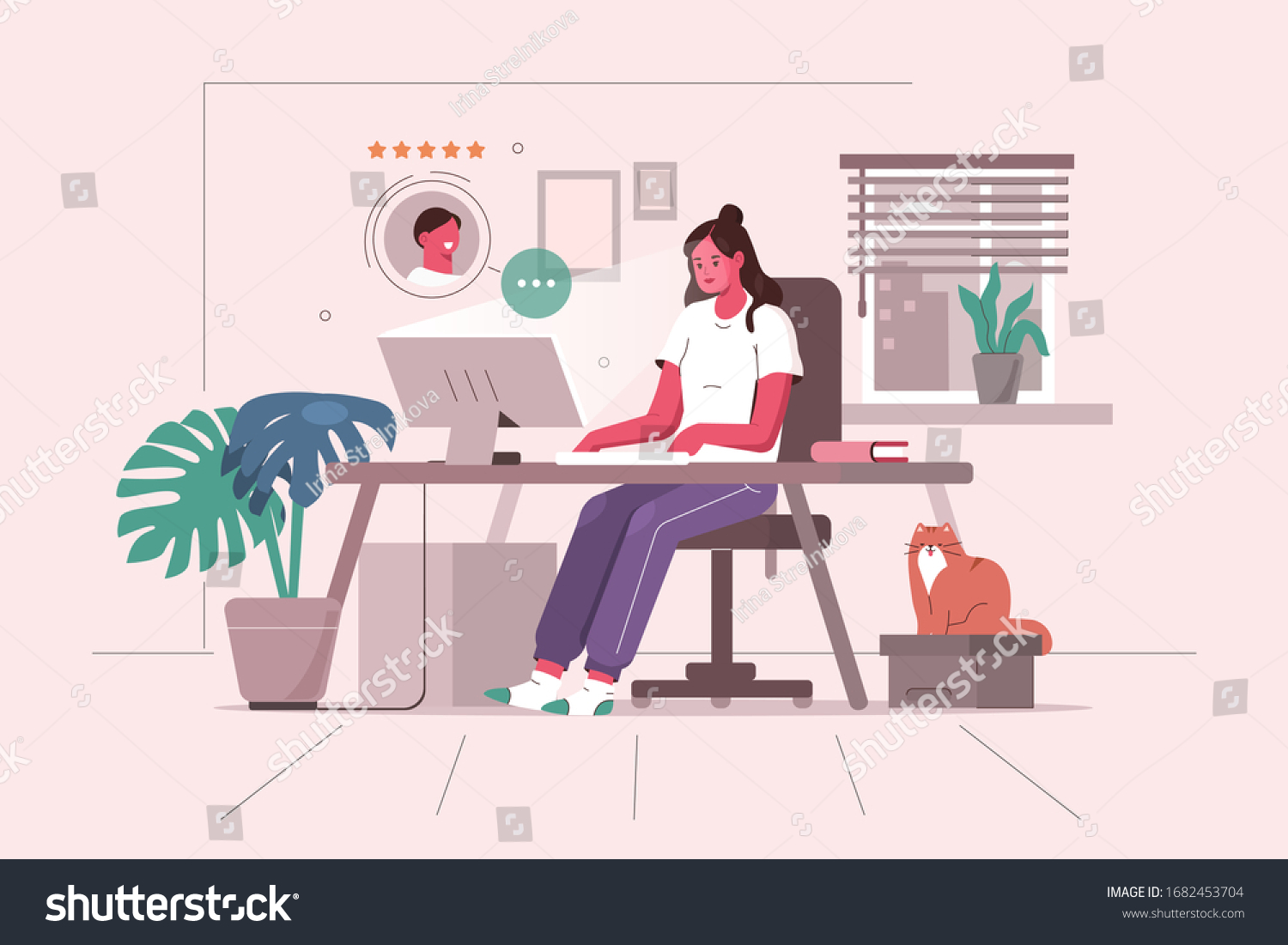
Woman Working at Home Office. Character Sitting at Desk in Cozy Room, Looking at Computer Screen and Talking with Colleagues Online. Home Office Concept.  Flat Cartoon Vector Illustration. #1682453704