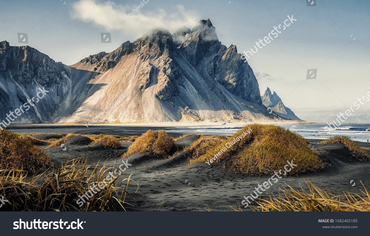 Impressive Colorful Seascape of Iceland. Best popular places near Stokksnes cape and Vestrahorn Mountain. Iceland. Iconic location for landscape photographers. Travel adventure and freedom concept. #1682465185