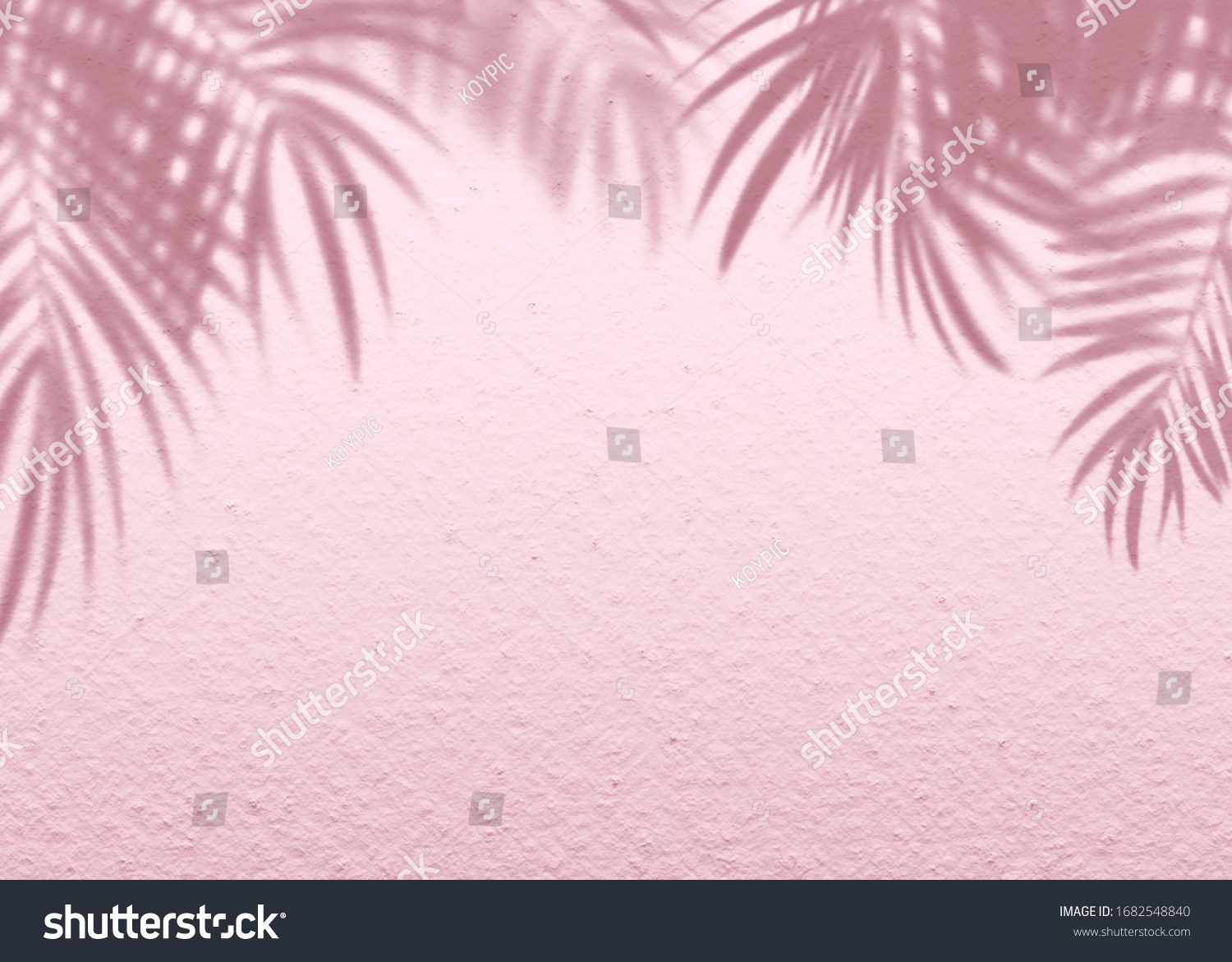 Pink soft cement texture wall leaf plant shadow background. Summer tropical travel beach with minimal concept. Flat lay pastel color palm nature. #1682548840