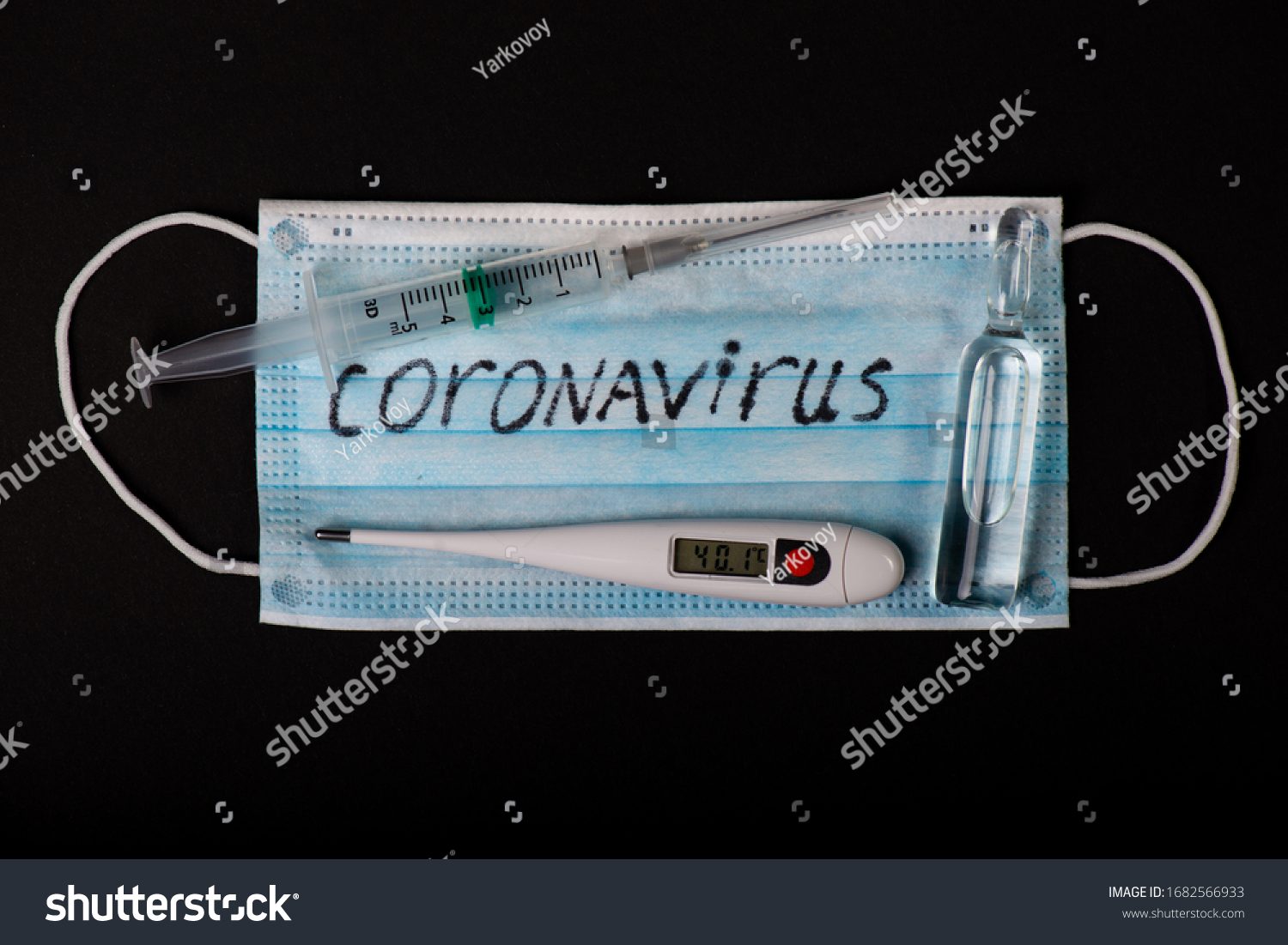 Panic Covid-19 Coronavirus outbreak concept. Coronavirus protective surgical mask on black background #1682566933