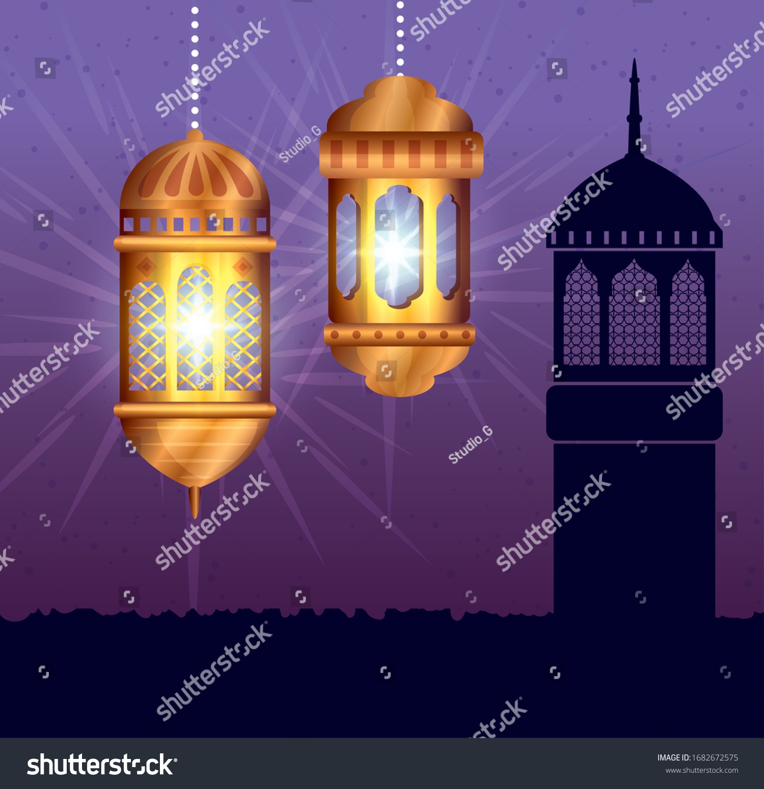 ramadan kareem poster with lanterns hanging vector illustration design #1682672575