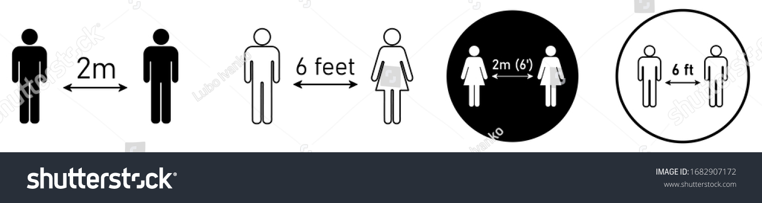 Social distancing set of icons. Simple man or woman black and white silhouettes with arrow distance between. Can be used during coronavirus covid-19 outbreak prevention #1682907172
