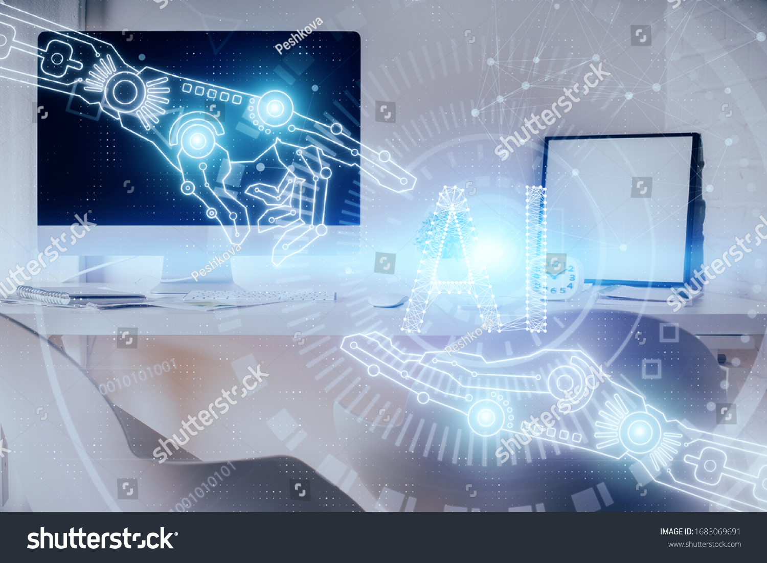 Multi exposure of data theme drawing and office interior background. Concept of technology. #1683069691