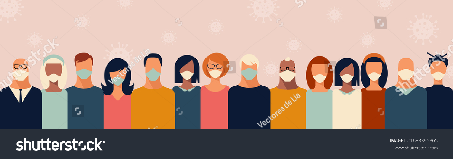 Group of Young People Wearing Medical Face Mask to Prevent Coronavirus Surrounded with Bacterial Air. Stay Home Be Safe. Vector Illustration of Covid-2019 #1683395365