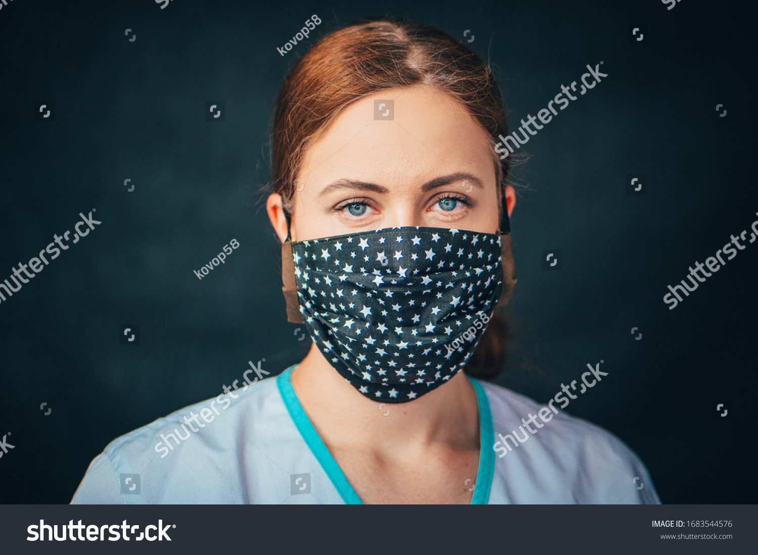Close up woman portrait, Young woman wearing home made hygienic face medical mask to prevent infection, illness or flu and 2019-nCoV. Black background. Protection against disease, coronavirus. #1683544576