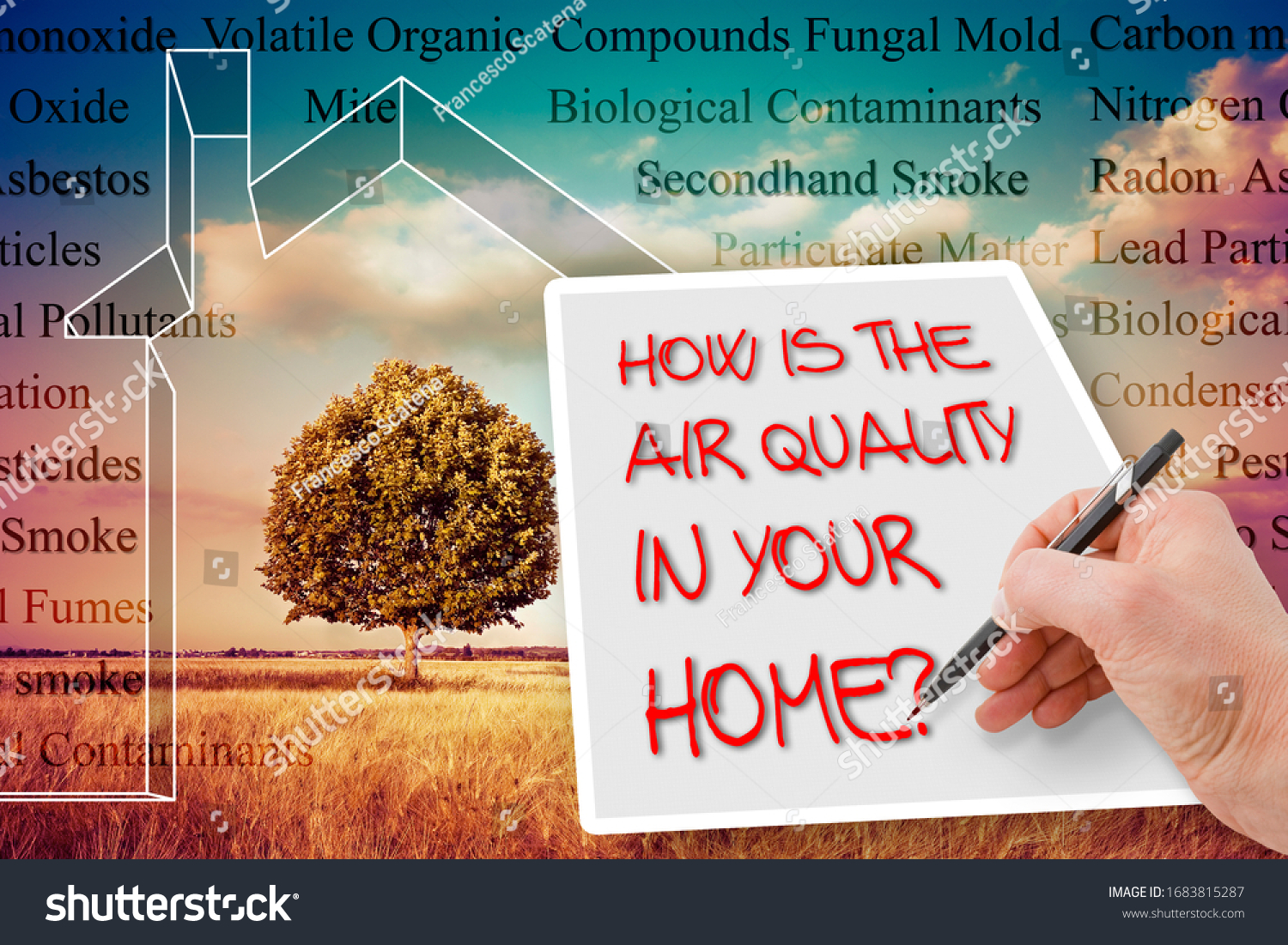 HOW IS THE AIR QUALITY IN YOUR HOME? - concept image with the most common dangerous domestic pollutants in our homes. #1683815287