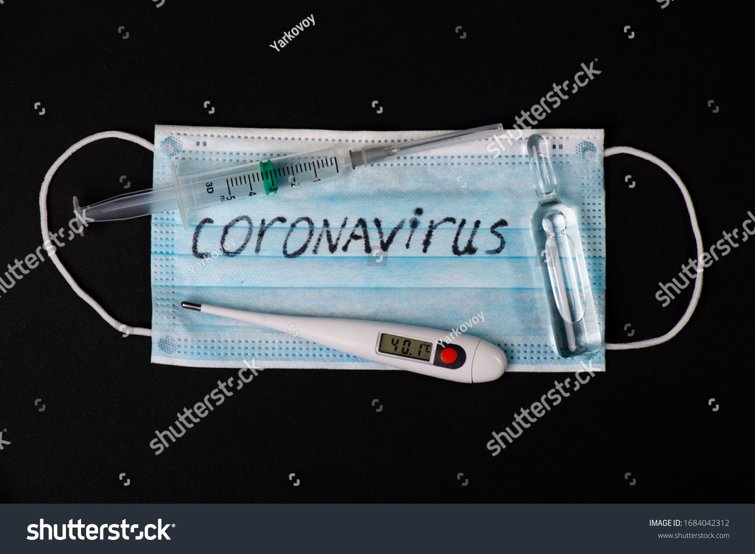 Panic Covid-19 Coronavirus outbreak concept. Coronavirus protective surgical mask on black background #1684042312