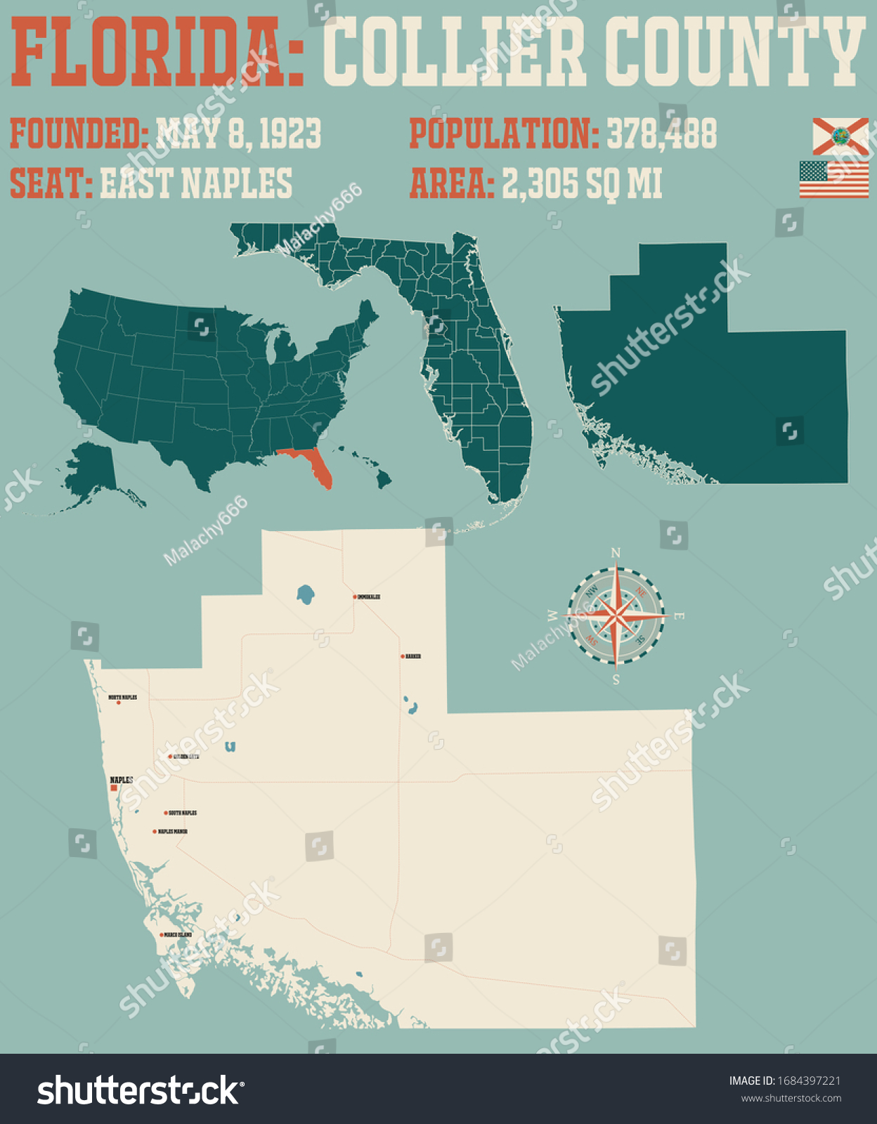 Large and detailed map of Collier county in - Royalty Free Stock Vector 