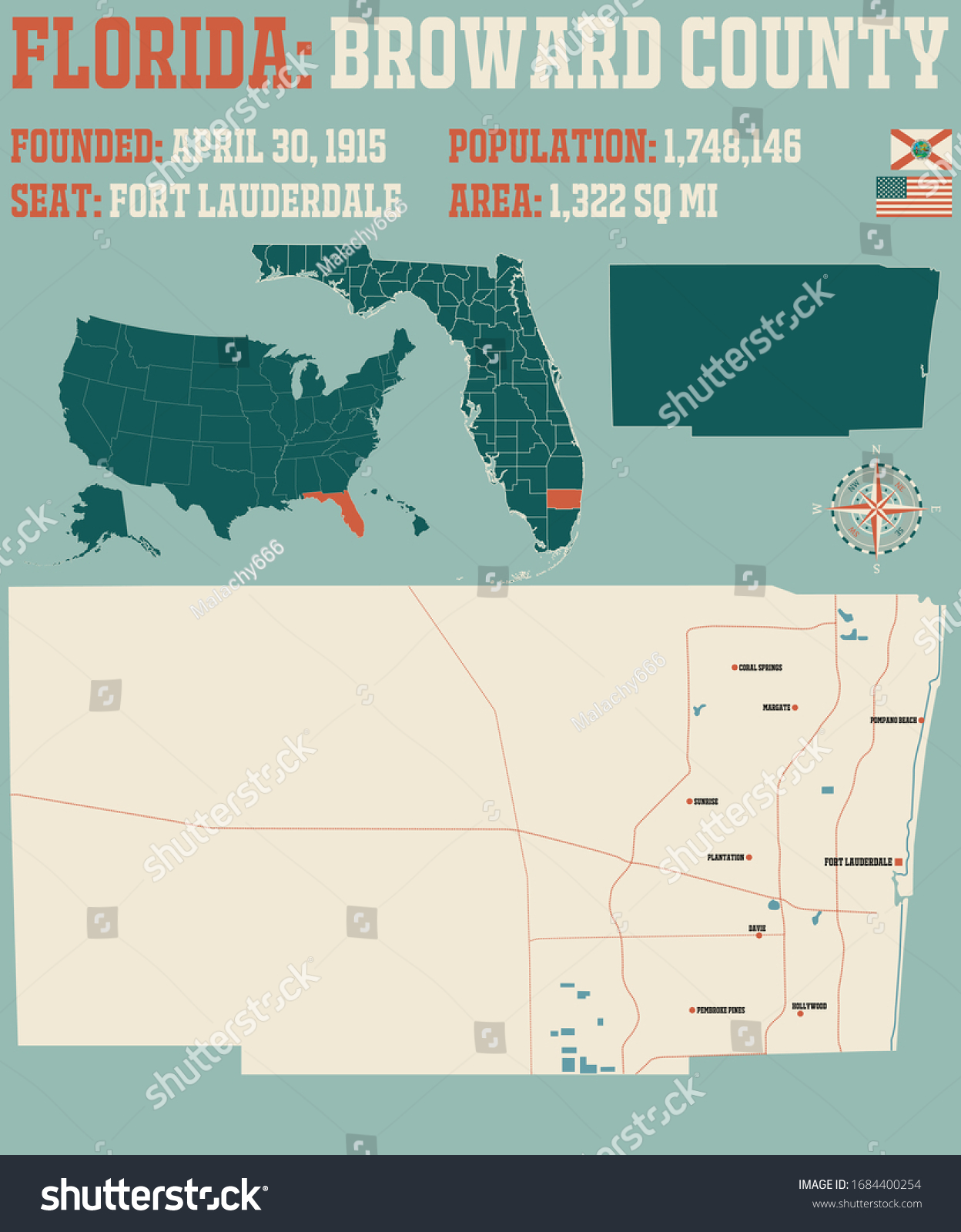 Large and detailed map of Broward county in - Royalty Free Stock Vector 