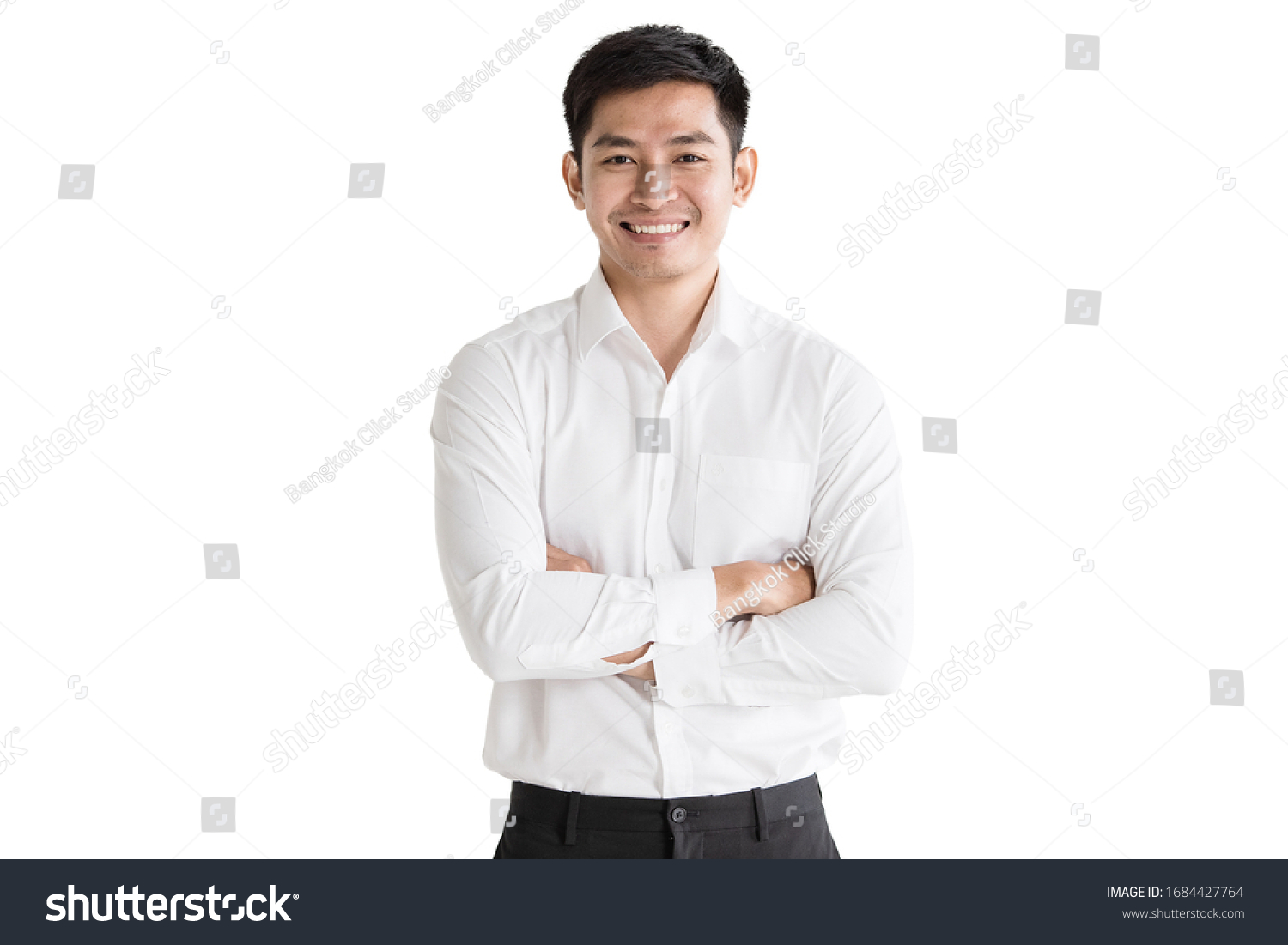 Young, handsome and friendly face man smile, dressed casually with happy and self-confident positive expression with crossed arms on white background studio shot. Concept for good attitude boy. #1684427764