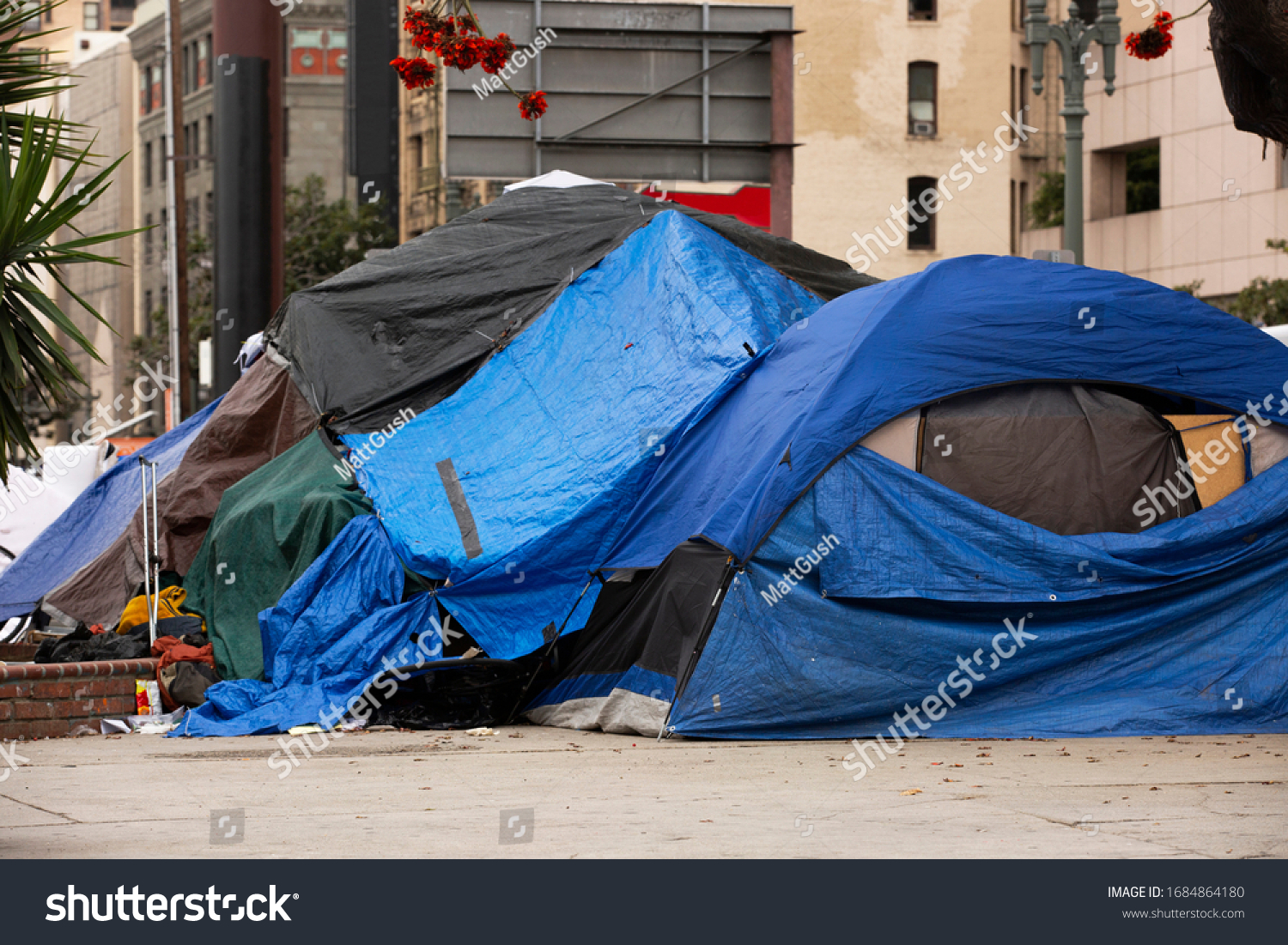 A homeless encampment on the streets of Downtown Los Angeles. #1684864180