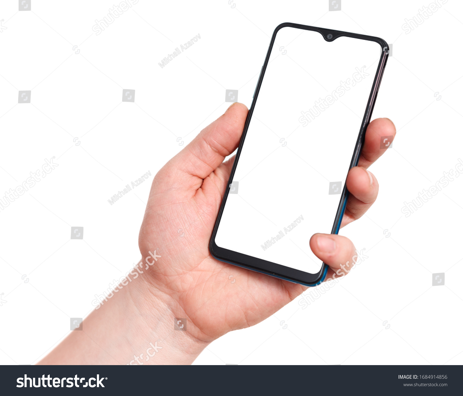 Hand holding mobile smart phone with blank screen. Isolated on white background. #1684914856