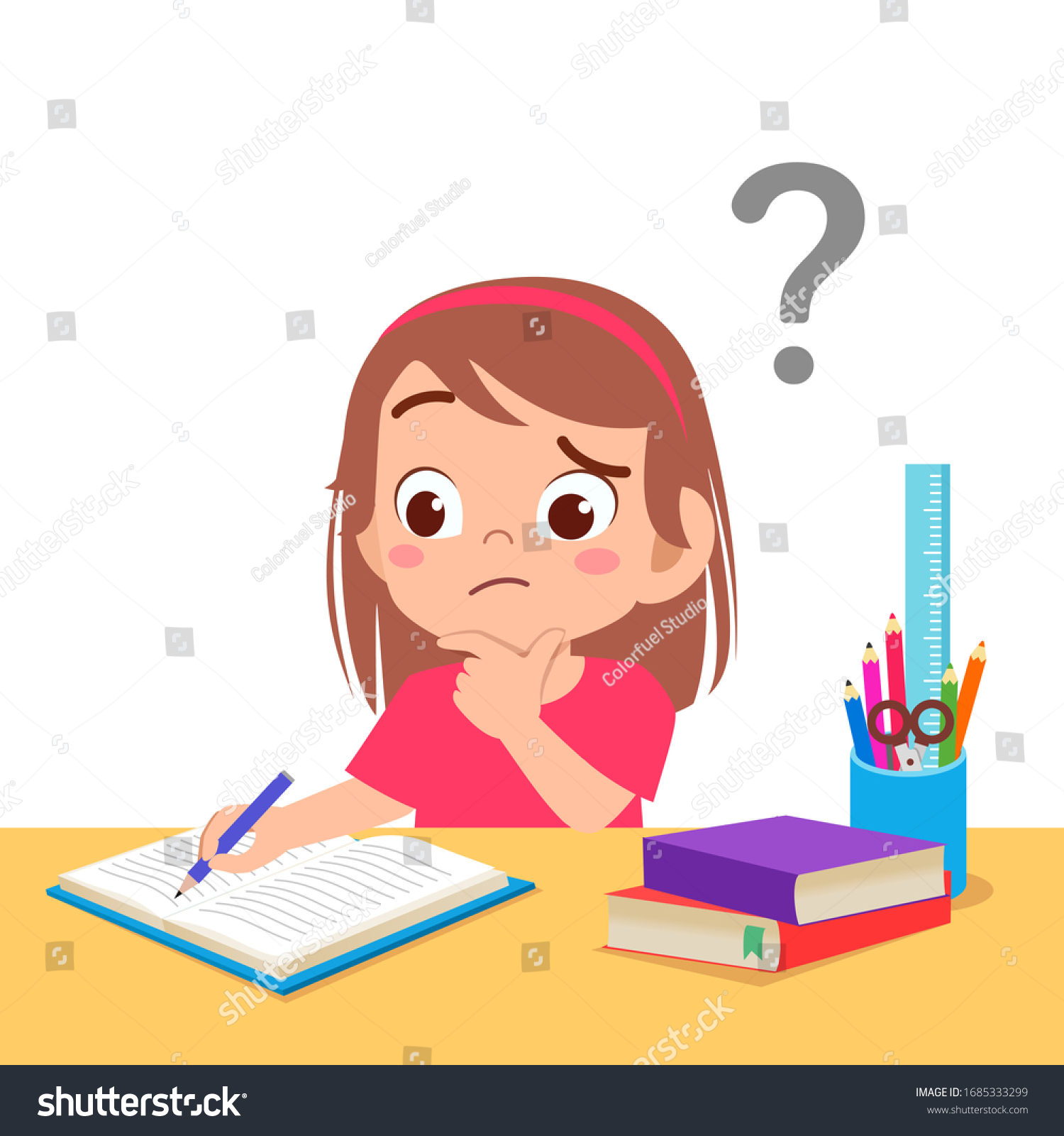cute little kid girl confused do homework #1685333299