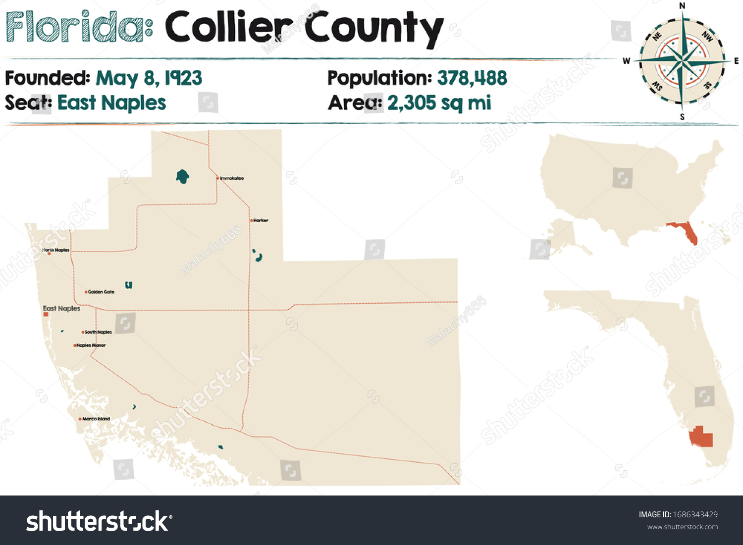 Large and detailed map of Collier county in - Royalty Free Stock Vector 