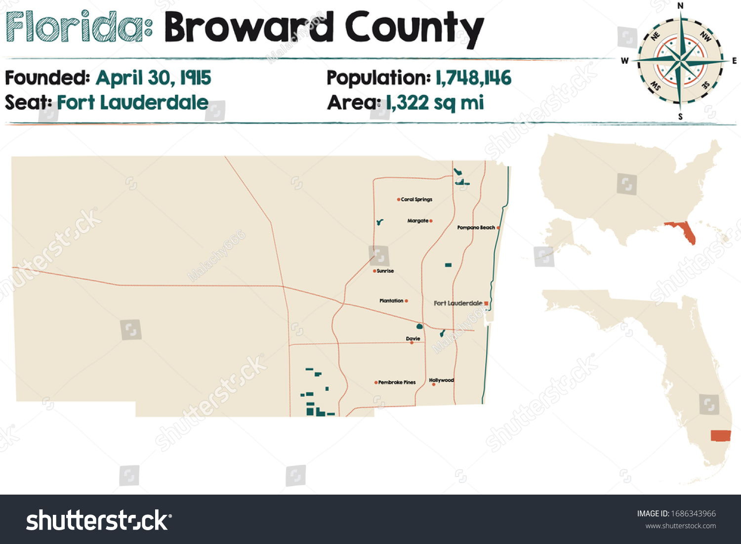 Large and detailed map of Broward county in - Royalty Free Stock Vector 