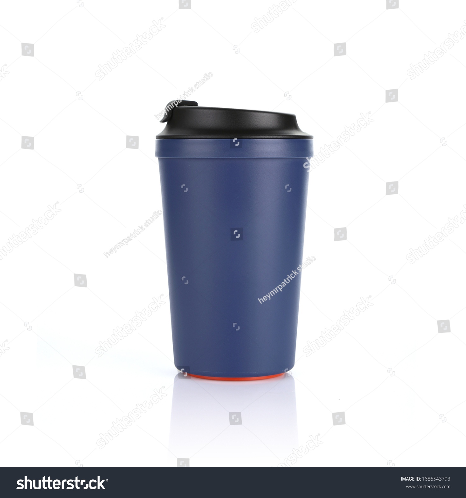 Classic blue colour anti slip suction coffee mug isolated on white background. Front view with reflection. Suitable for hot & cold beverage. For branding, mock up and advertisement. #1686543793