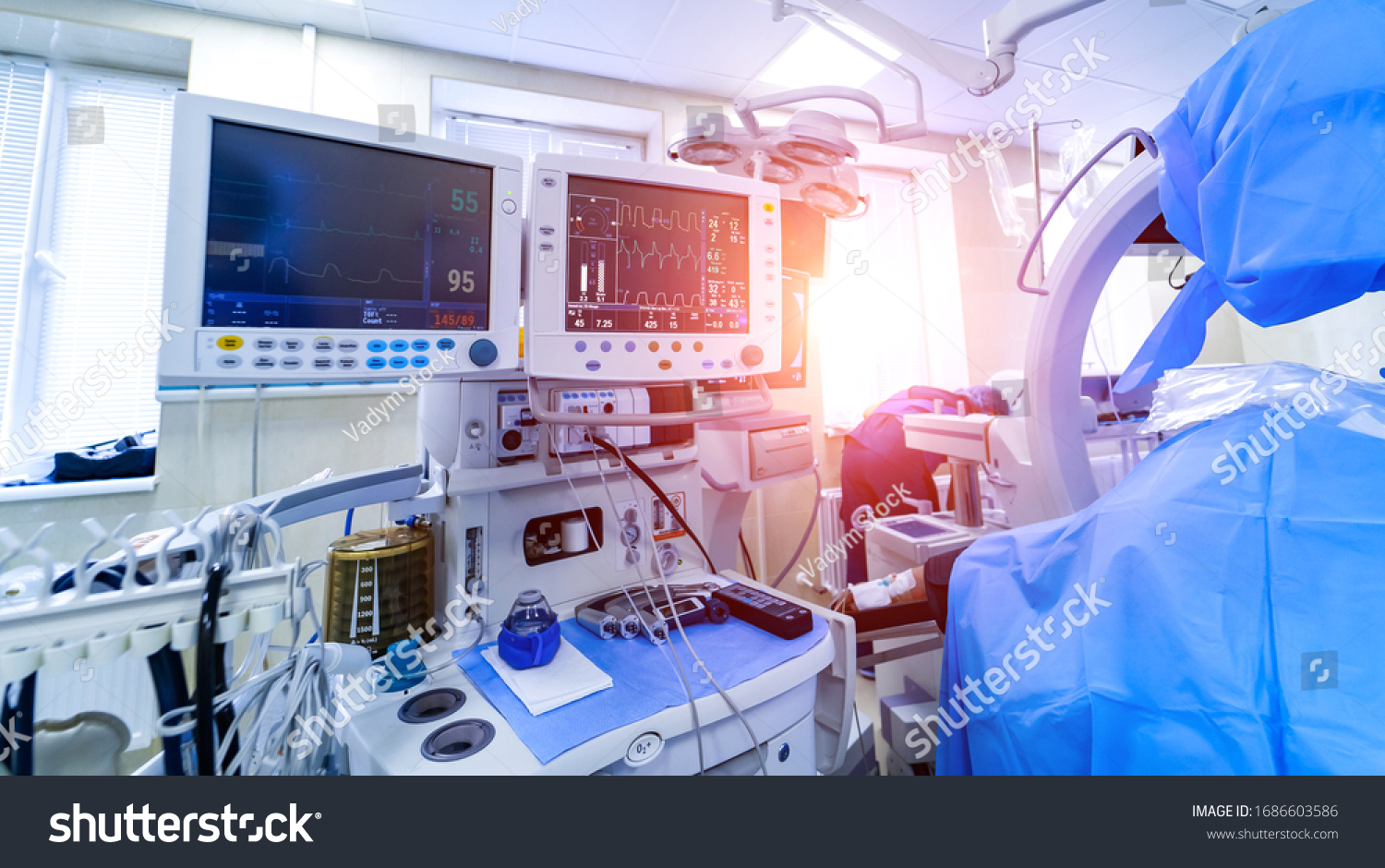 Preparing for the coronovirus epidemic. Ambulance station. Intensive care unit with artificial lung ventilation apparatus. Pneumonia diagnosting. COVID-19 and coronavirus identification. Pandemic. #1686603586