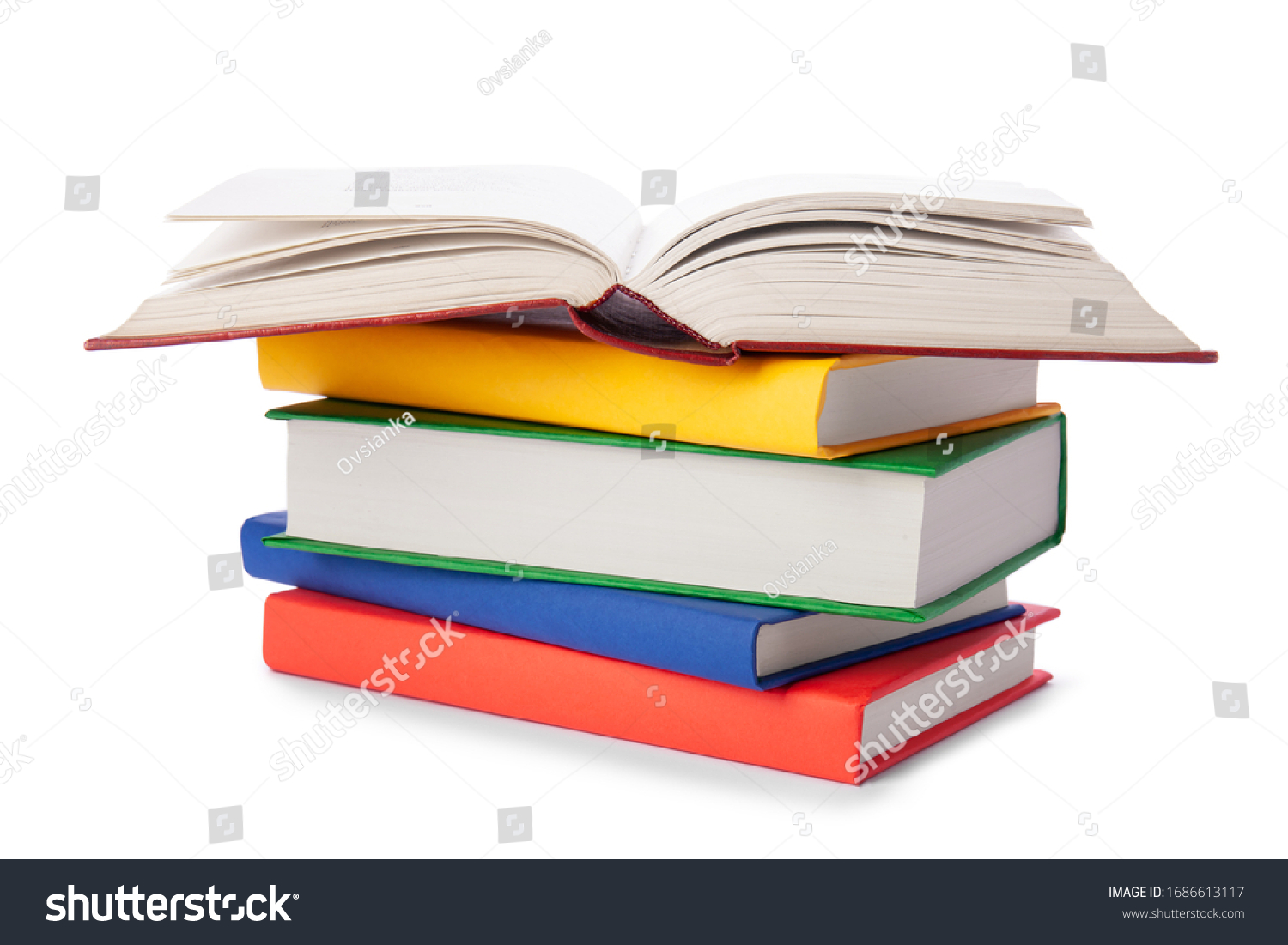 Stack of colorful books isolated on white background. Collection of different books. Hardback books for reading. Back to school and education learning concept #1686613117