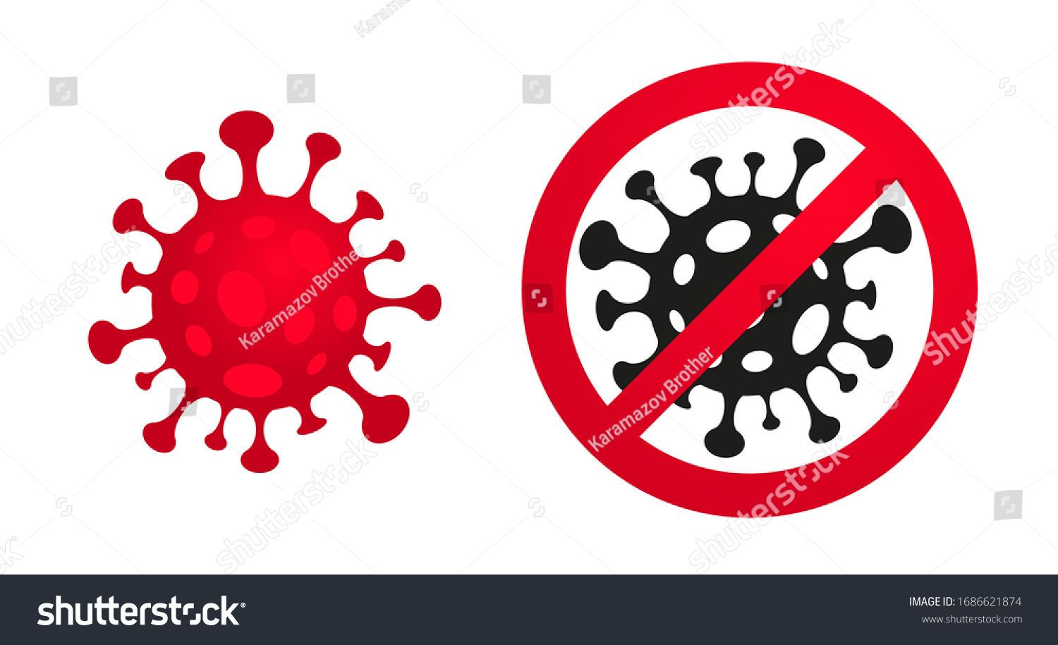 Coronavirus, 2019-nCoV, Covid-19. Vector concept abstract illustration STOP CORONAVIRUS. Flat outline icons of a virus and a stop sign (crossed out), coronavirus sing isolated on white background #1686621874