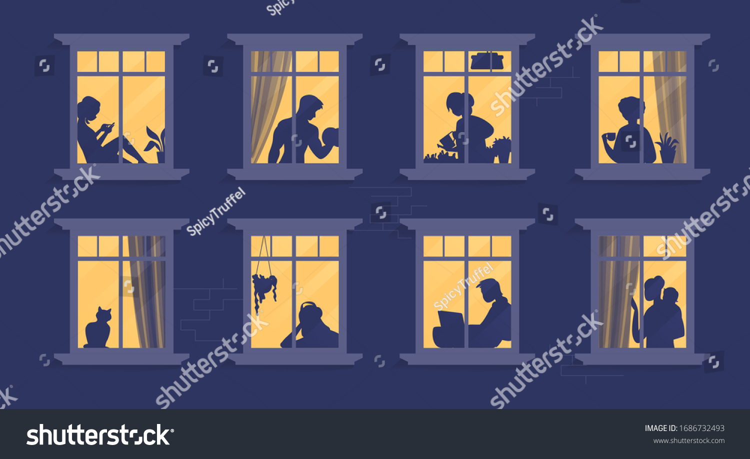 Neighbors in windows. Cartoon characters at their apartment reading book, cooking, watching TV and spending time together. Vector illustration evening home scene, silhouette or shadow people in window #1686732493