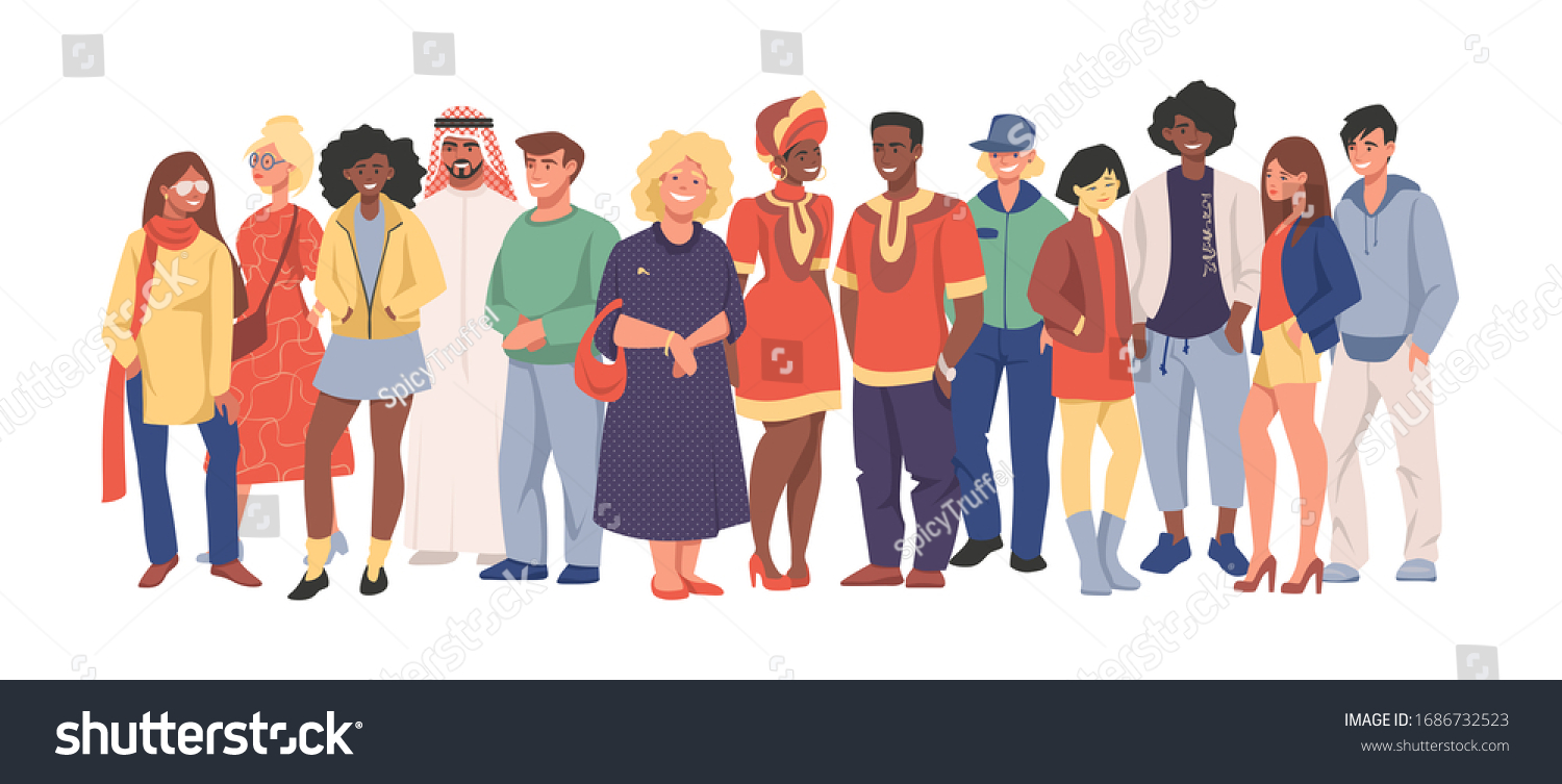 Multicultural team. Group of different people in casual clothes standing together, cartoon characters of diverse nationalities. Vector illustration happy men and women set diversity multiethnic people #1686732523
