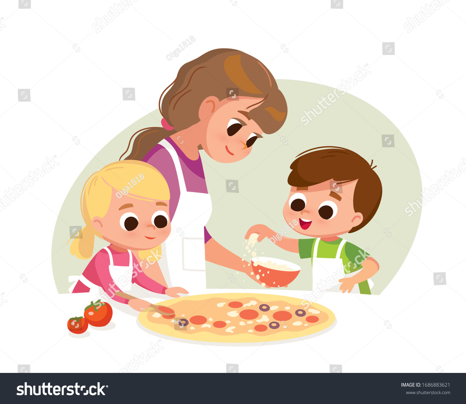 Mother with kids making pizza. Boy and girl cooking. Two kids making pizza. Boy and girl cooking. Boy salting pizza. #1686883621
