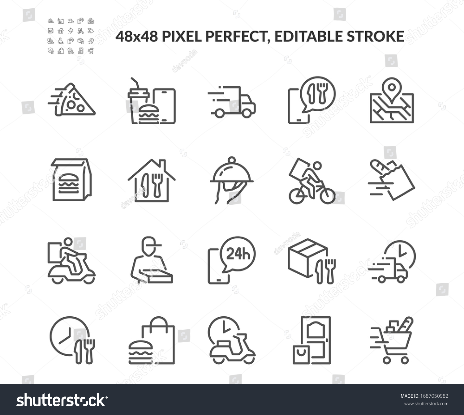 Simple Set of Food Delivery Related Vector Line Icons. Contains such Icons as Courier on the bike, Food Box, Contactless Delivery and more. Editable Stroke. 48x48 Pixel Perfect.