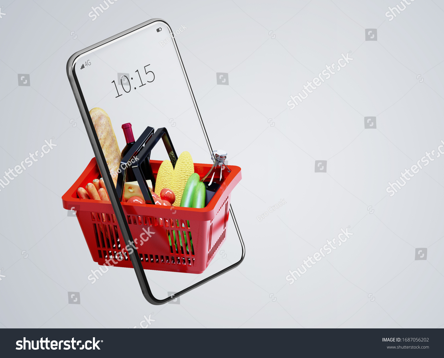 Service for delivery app. Food market in smartphone. Online shop. Food delivery background concept. Online shop in your smartphone. Shopping cart. #1687056202