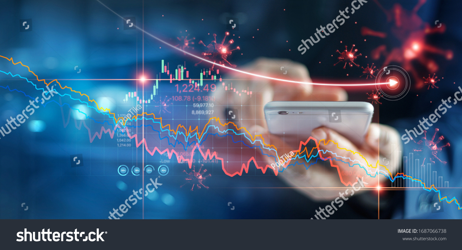 
Economic crisis, Businessman using mobile smartphone analyzing sales data and economic graph chart that is falling due to the corona virus crisis, Covid-19, stock market crash caused.  #1687066738