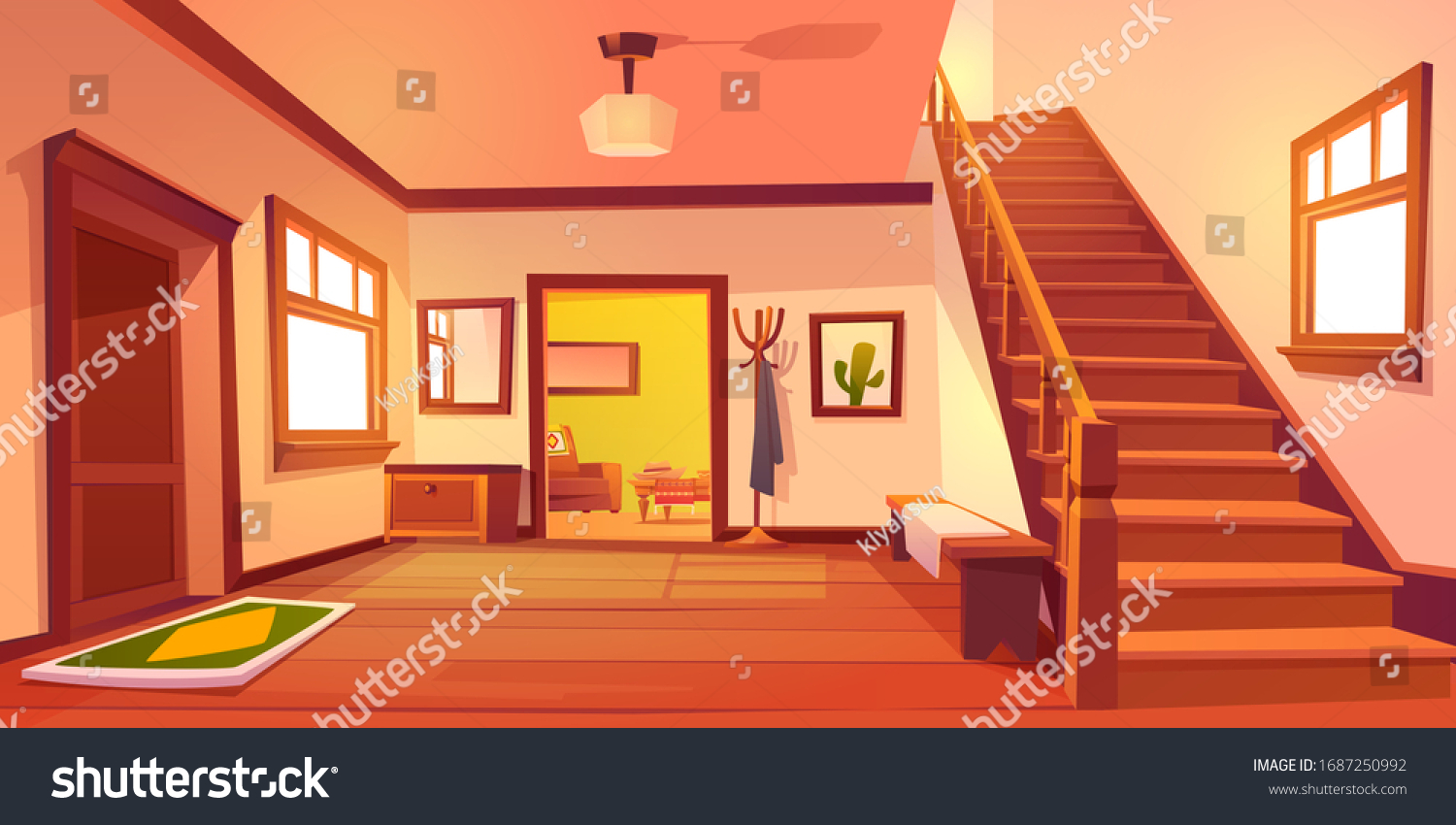 Rustic house hallway entrance interior with wooden stairs and furniture. Western style apartment with door, hanger, carpet, cowboy hat on table and cactus picture on wall. Cartoon vector illustration. #1687250992