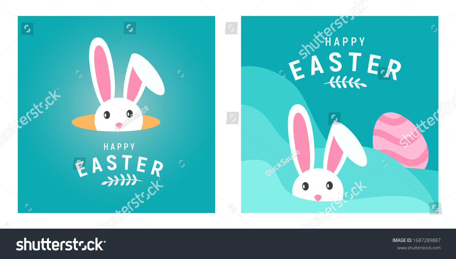 Bundle Happy easter with white rabbit, egg and lettering. creative design for banner, Greeting card, or social media post. #1687289887