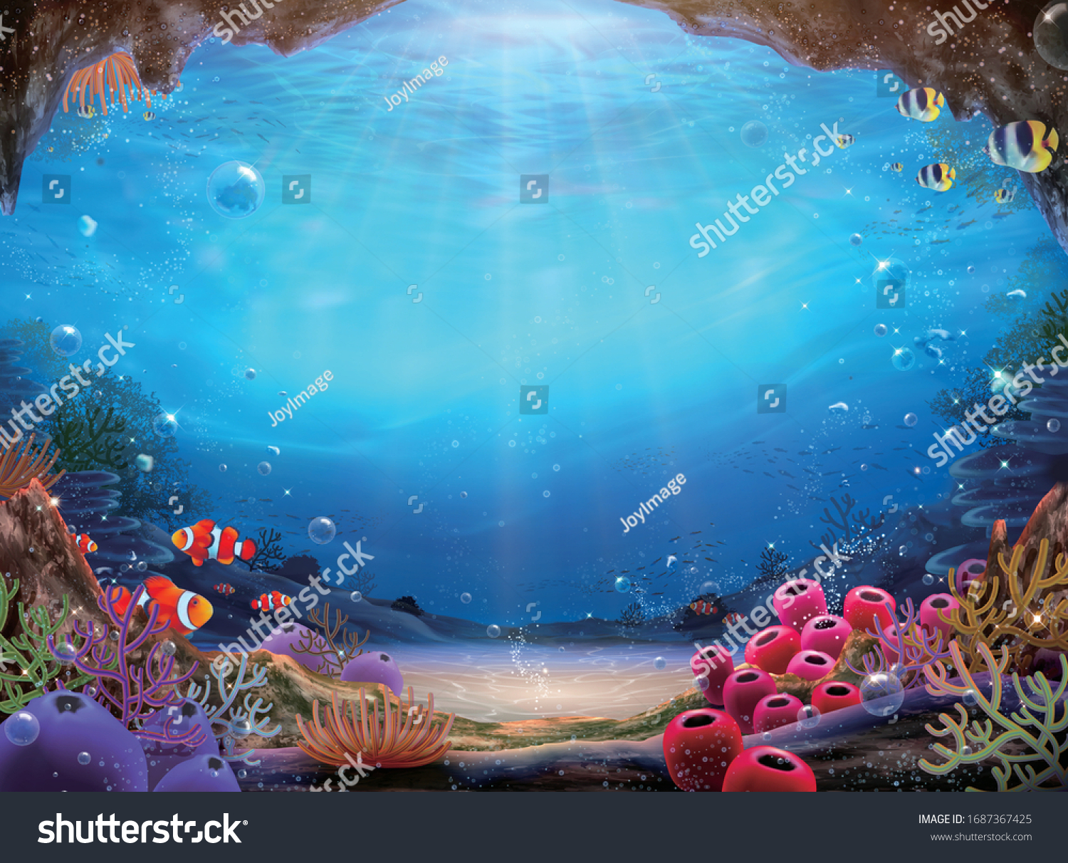 Natural ocean bottom background with colorful coral reef and abundant marine life, 3d illustration #1687367425