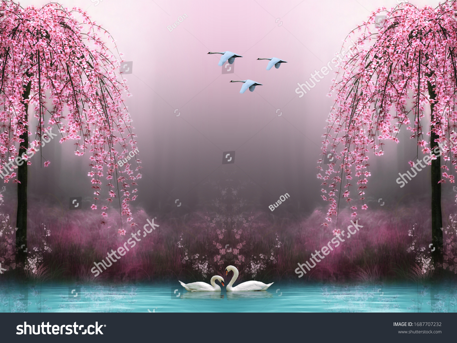 3d wallpaper swan pink tree water