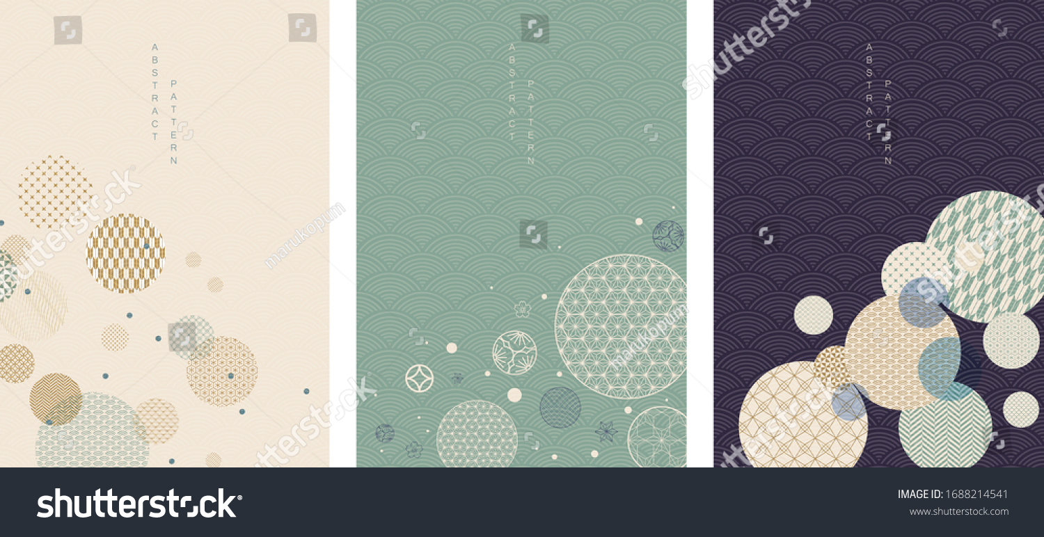 Geometric background with Japanese wave pattern vector. Blue circle element with abstract layout in vintage style. #1688214541
