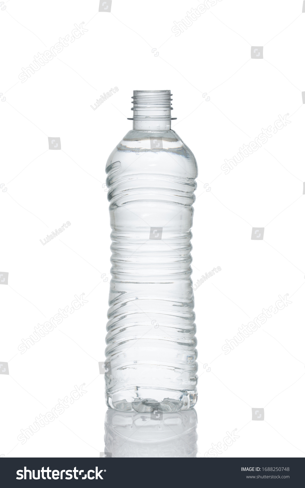Transparent clear open water bottle on white background for mockup design front view without cap #1688250748
