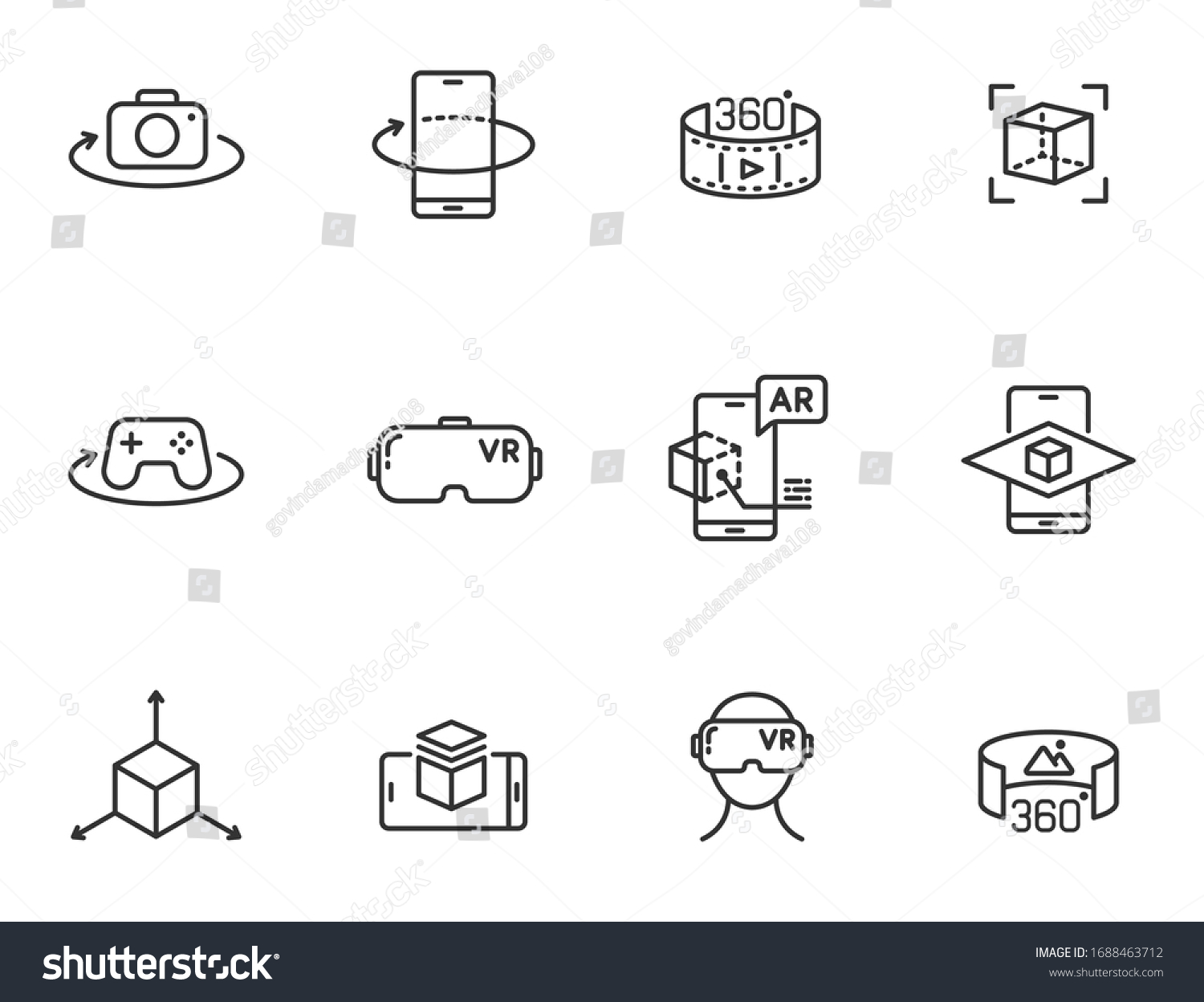 AR and VR line icon set isolated on white background. Virtual and augmented reality outline icons for web design, mobile apps, ui design and print. 3D visualization technology #1688463712