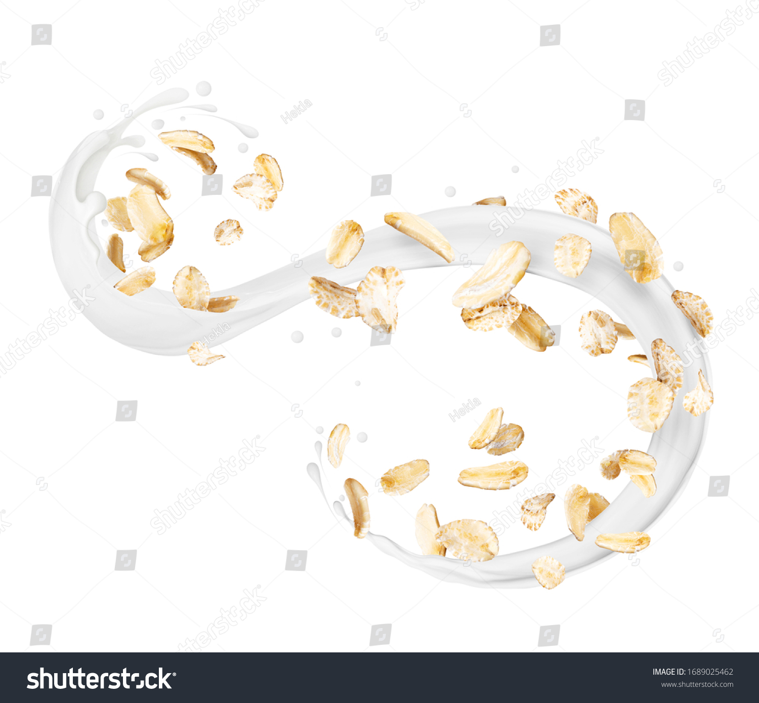 Oat flakes in milk splashes isolated on a white background #1689025462