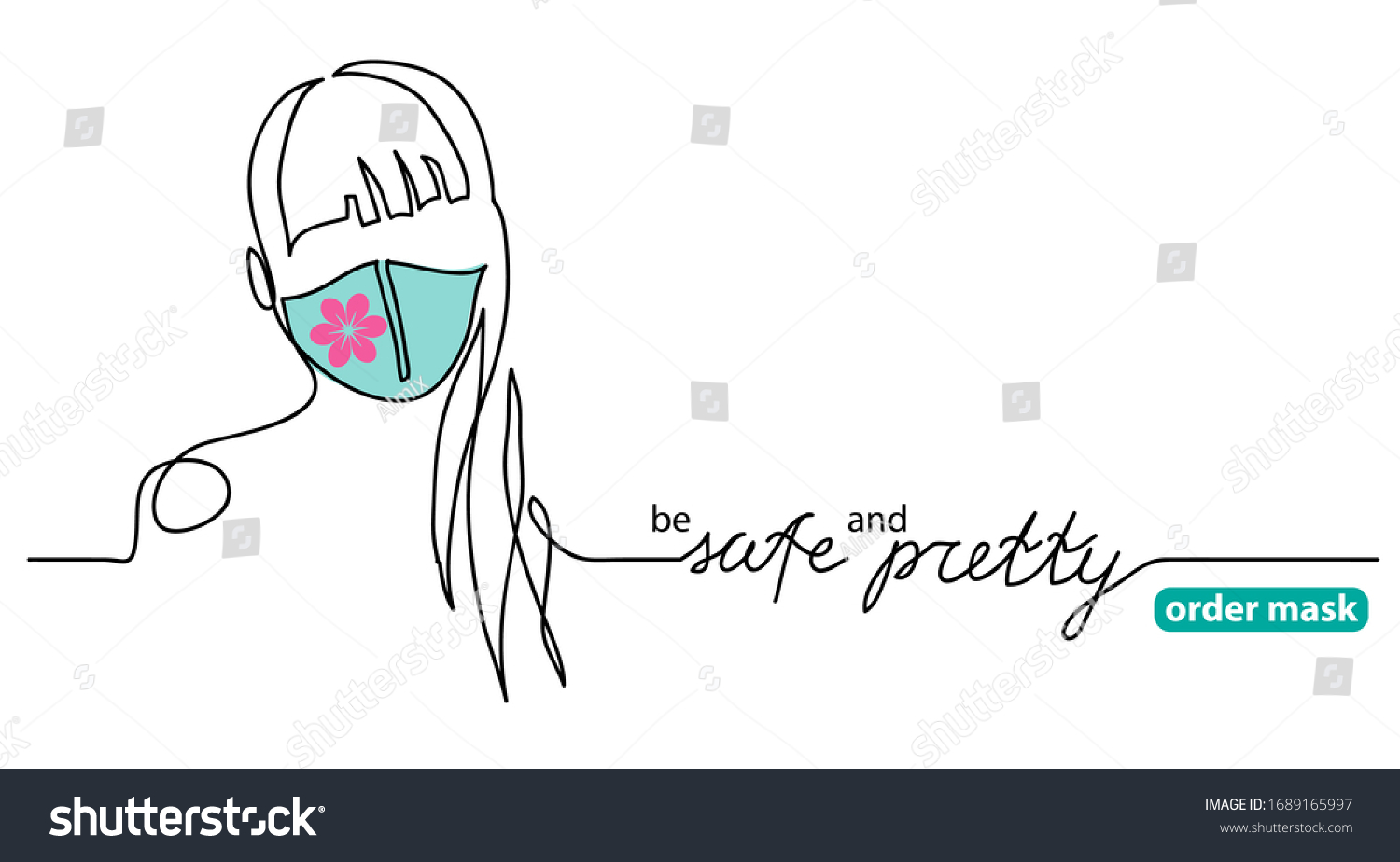 Medical mask design, fashion. Girl in color face mask. Be safe and pretty simple vector web banner, background.  One continuous line drawing.