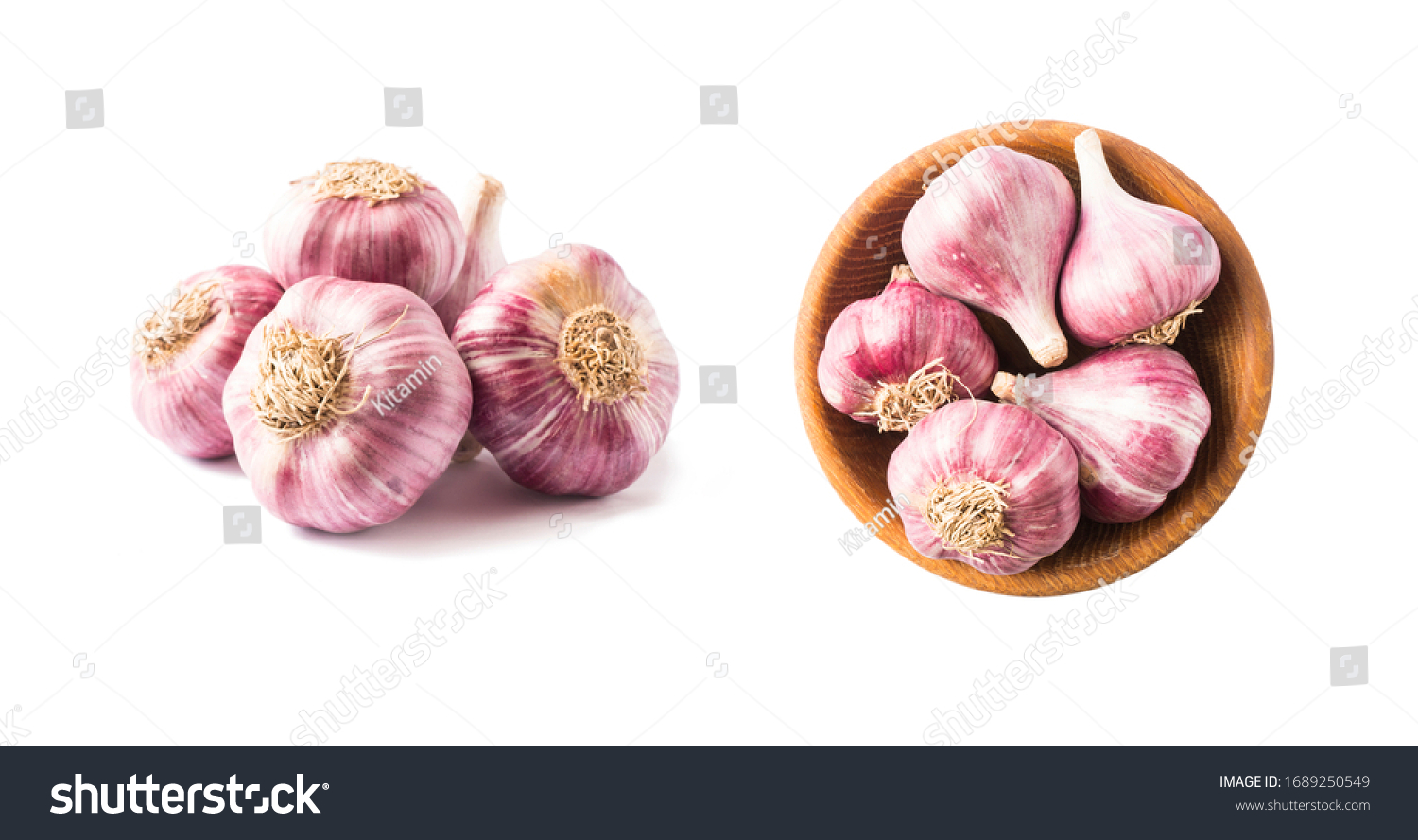 Garlic isolated on white background. Garlic Isolated on white background Clipping Path. Garlic press and garlic on white background. Top view. Garlics from different angles on white. #1689250549