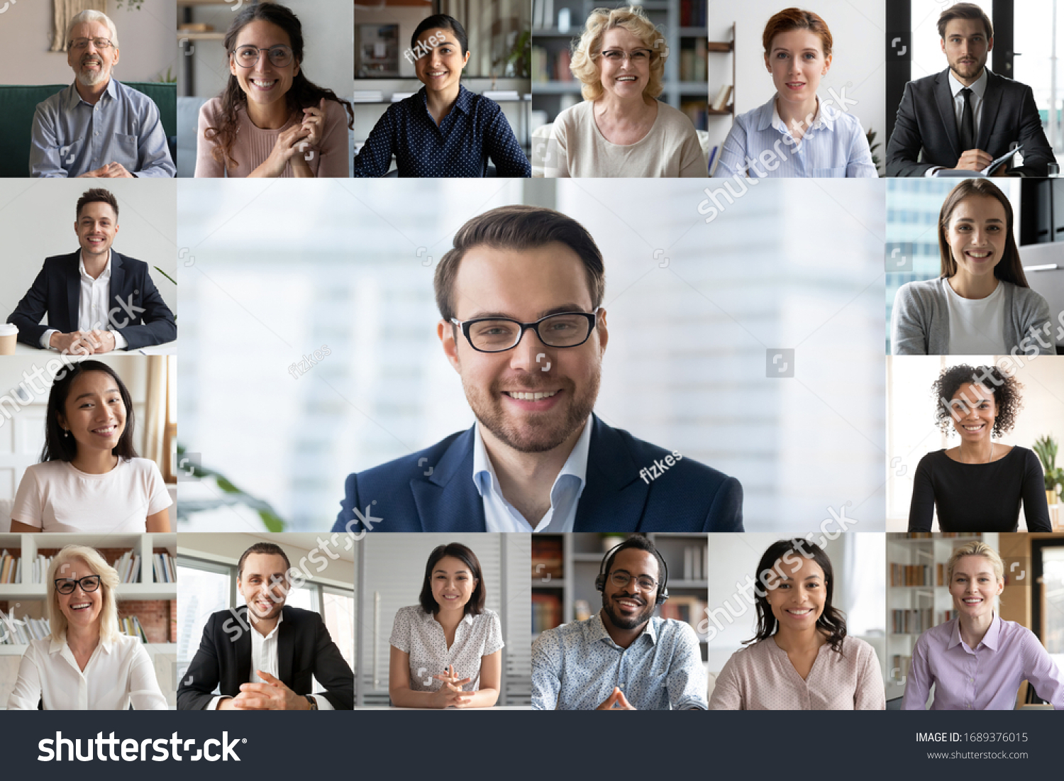 Headshot screen application view of diverse multiracial employees have work web conference using modern platform, smiling multiethnic colleagues talk speak online brainstorm on video call #1689376015