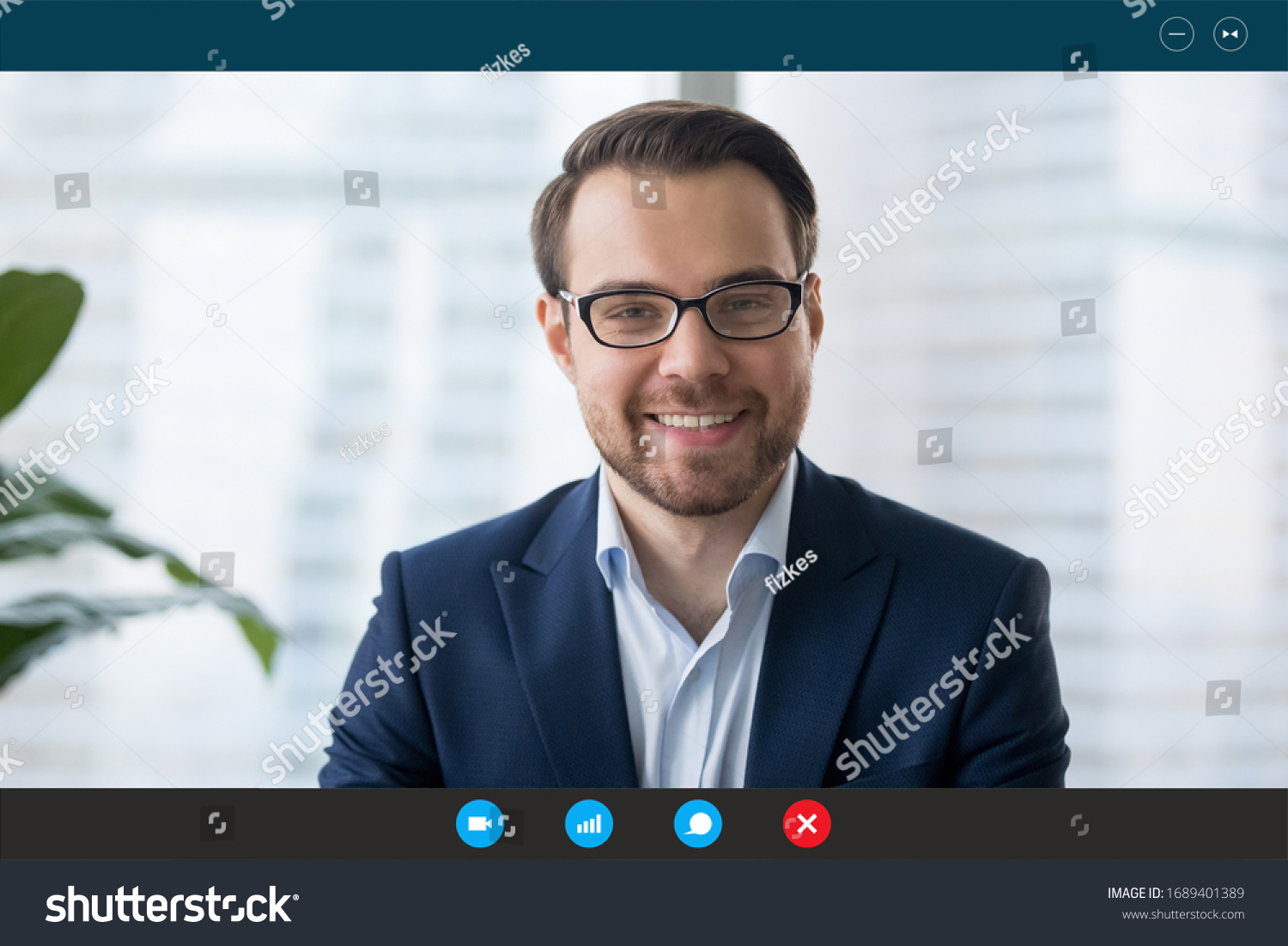 Headshot portrait screen view of confident businessman talk on Webcam conference with business client, smiling male employee speak on video call, communicate online using wireless Internet connection #1689401389