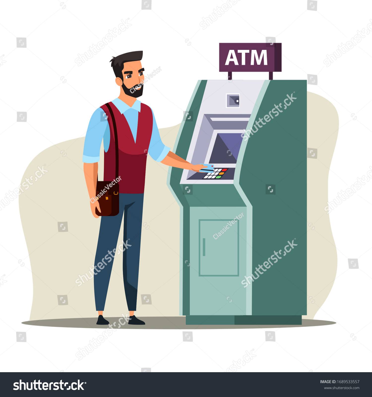 Young man using cashpoint flat color illustration. Guy working with ATM interface cartoon character. Bank visitor performing electronic transaction vector drawing. Banking service design element #1689533557